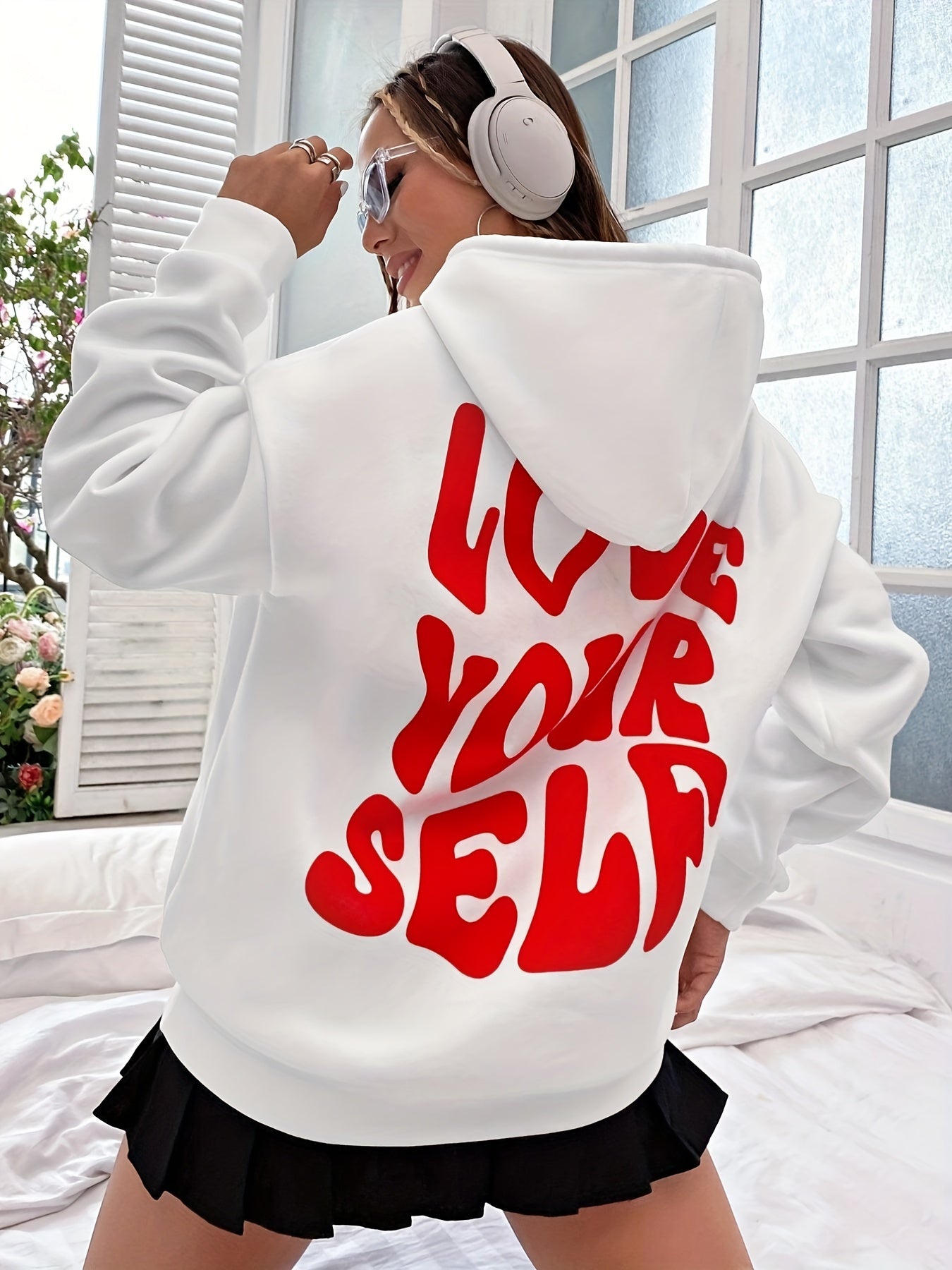 Sixsr Letter Print Back Drawstring Hoodies, Casual Long Sleeve Kangaroo Pocket Sweatshirt, Women's Clothing