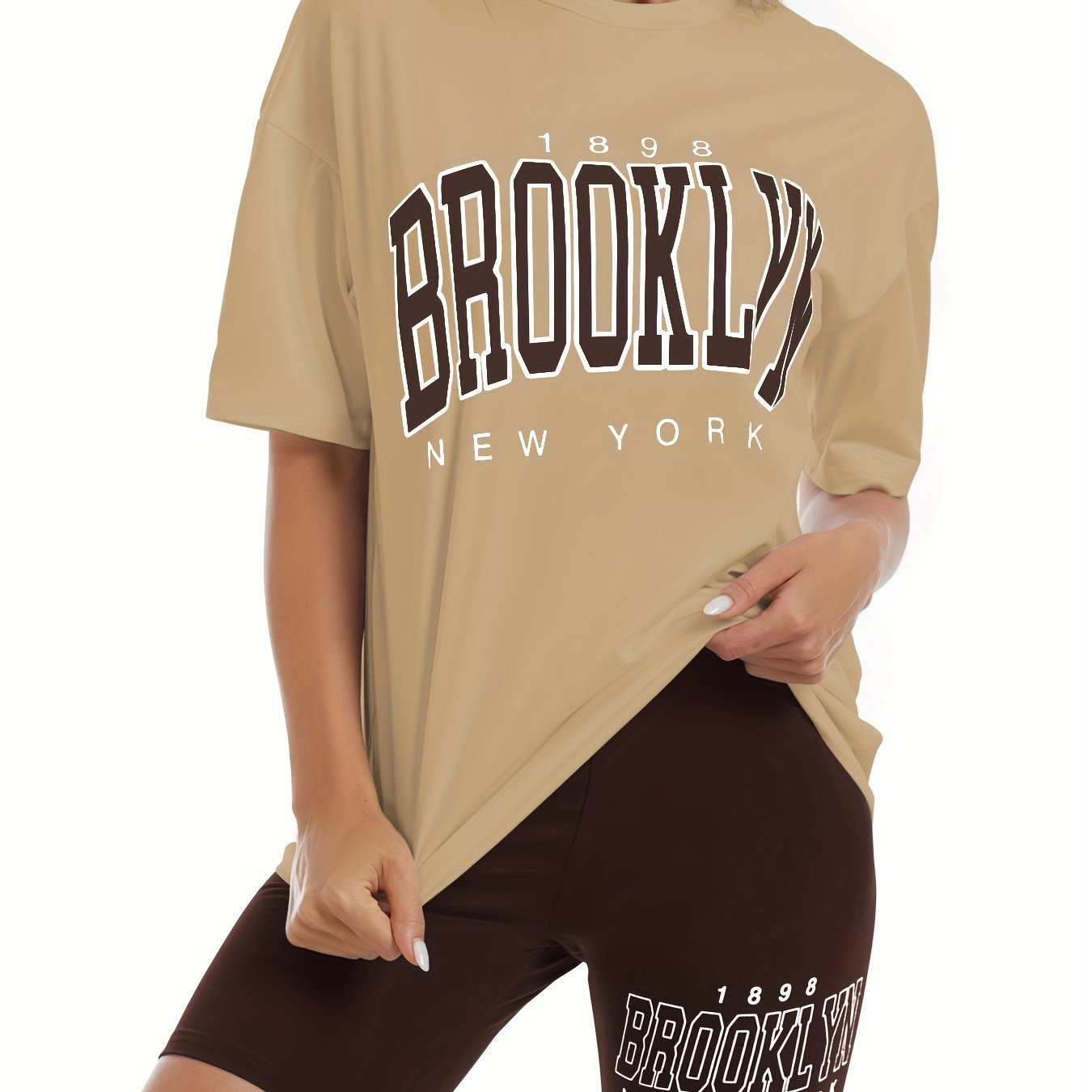 Sixsr Stylish Letter Print Two-piece Set, Casual Crew Neck Short Sleeve T-shirt & Slim Summer Shorts Outfits, Women's Clothing