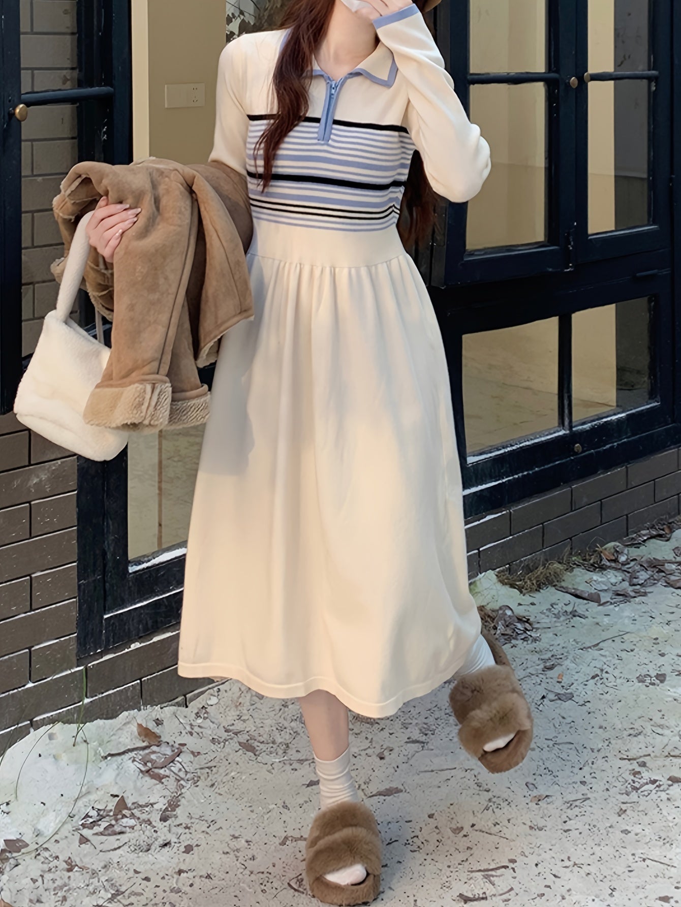 Sixsr Striped Contrast Trim Waist Sweater Dress, Long Sleeve Lapel Collar Causal Dress, Women's Clothing