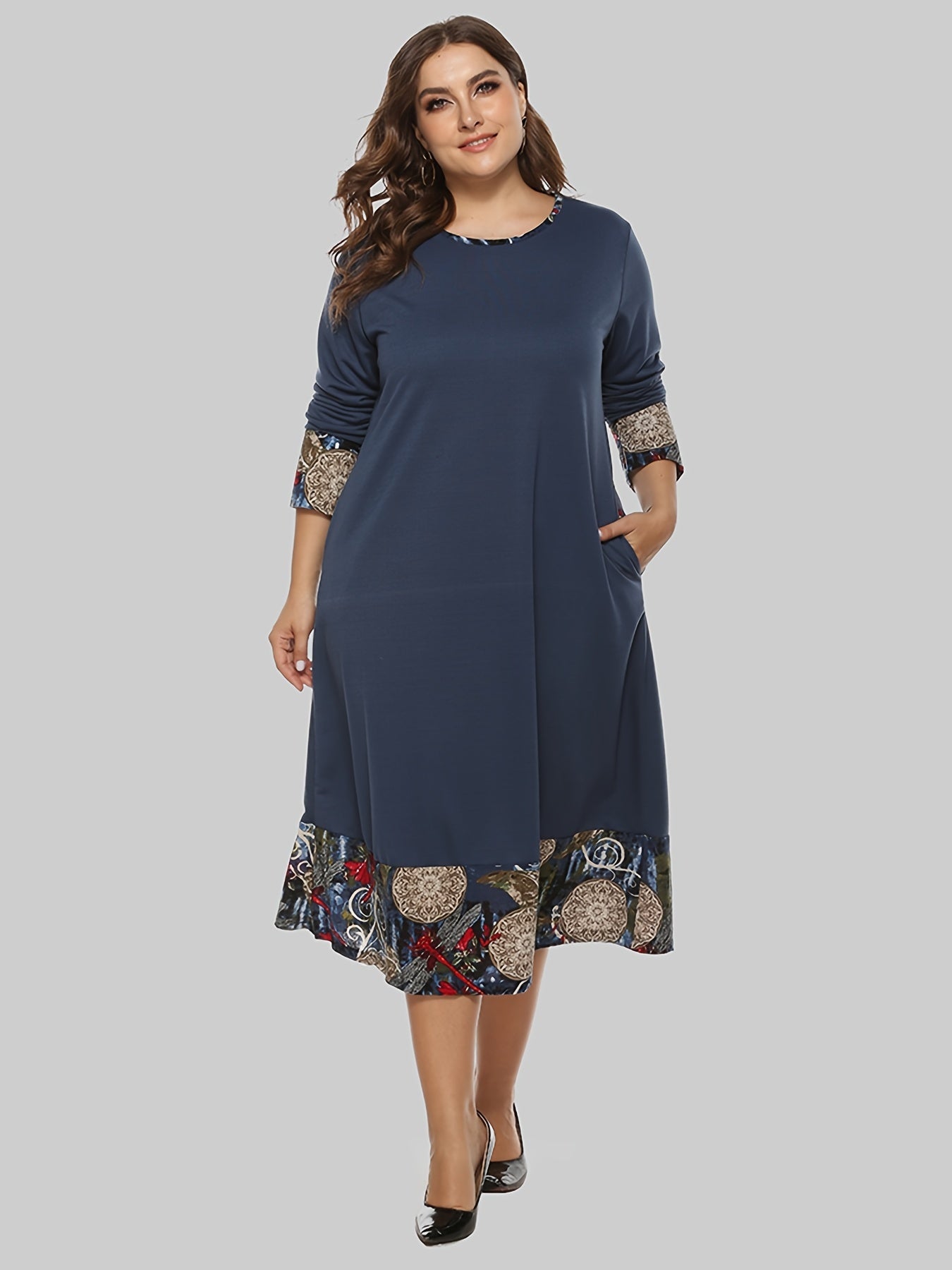 Sixsr Plus Size Colorblock Long Sleeve Maxi Dress, Women's Plus Round Neck Casual Long Dress