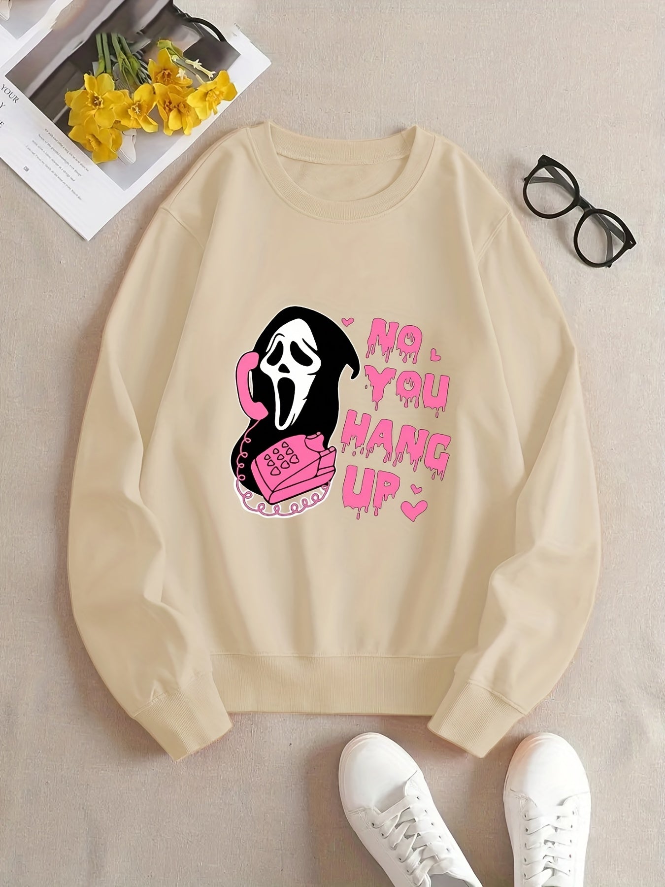 Sixsr Plus Size Halloween Casual Sweatshirt, Women's Plus Skull & Slogan Print Long Sleeve Round Neck Slight Stretch Sweatshirt