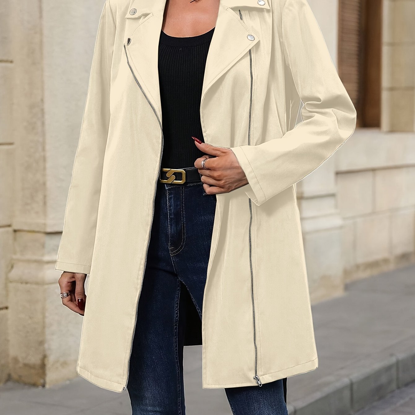 Sixsr Solid Color Open Front Trench Jacket, Elegant Lapel Neck Zipper Long Sleeve Button Jacket, Women's Clothing