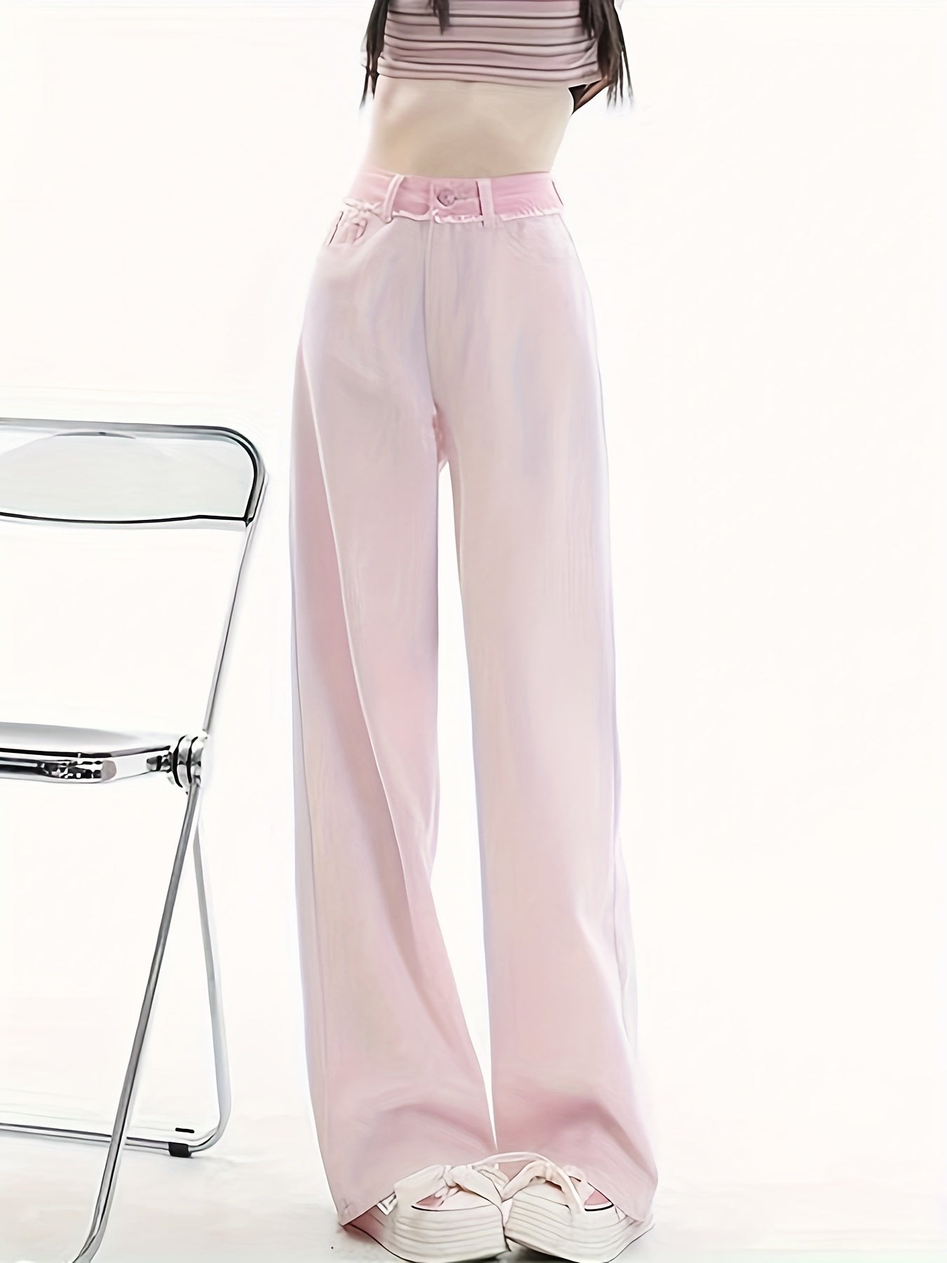 Sixsr Pink Loose Fit Straight Jeans, Non-Stretch High Waist Chic Wide Legs Jeans, Women's Denim Jeans & Clothing