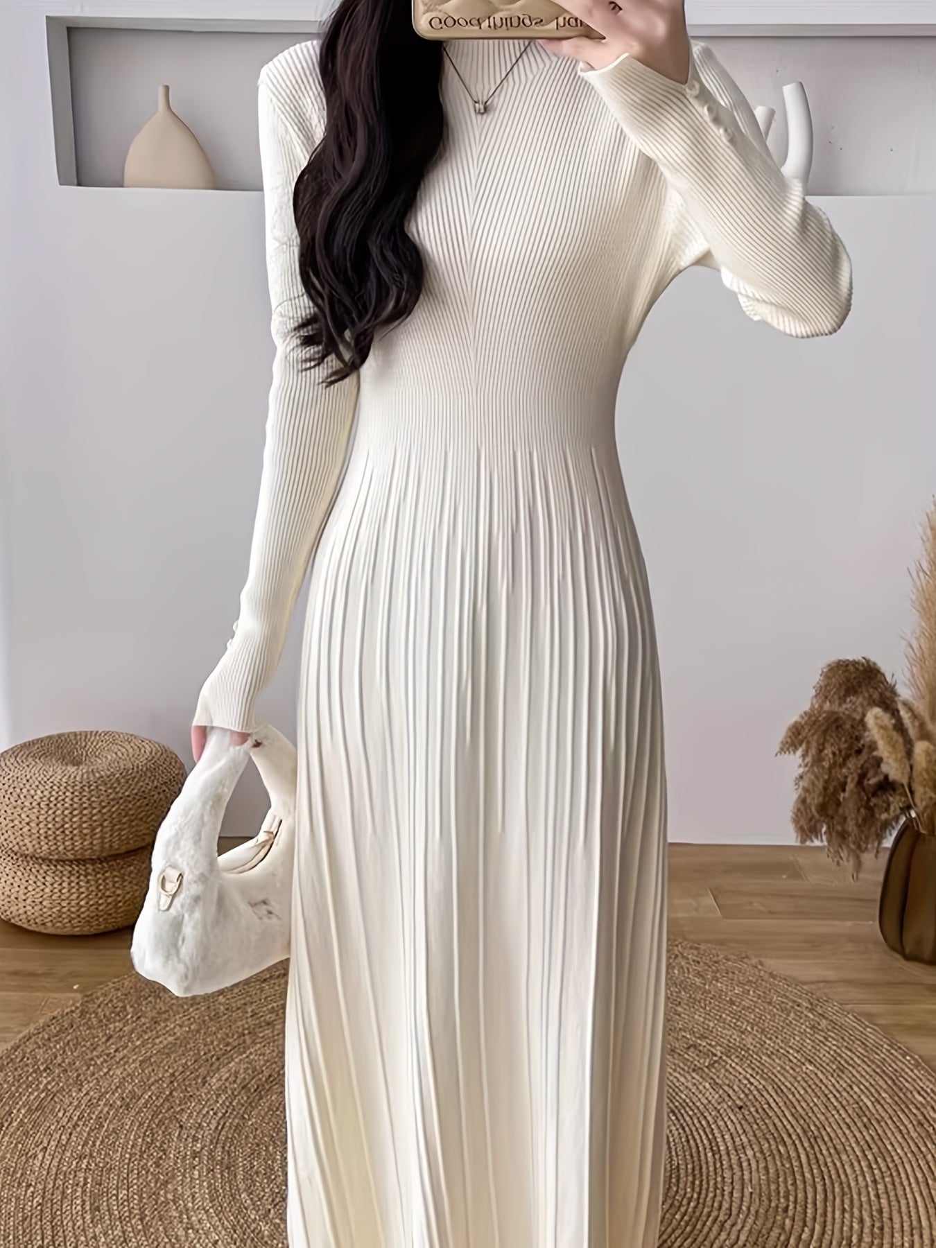 Sixsr Solid Sweater Maxi Dress, Elegant Mock Neck Long Sleeve Dress, Women's Clothing