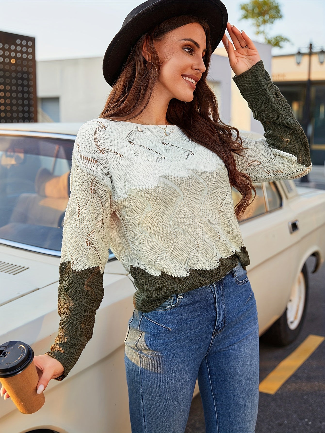 Sixsr Cutout Colorblock Knit Sweater, Casual Crew Neck Long Sleeve Sweater, Women's Clothing
