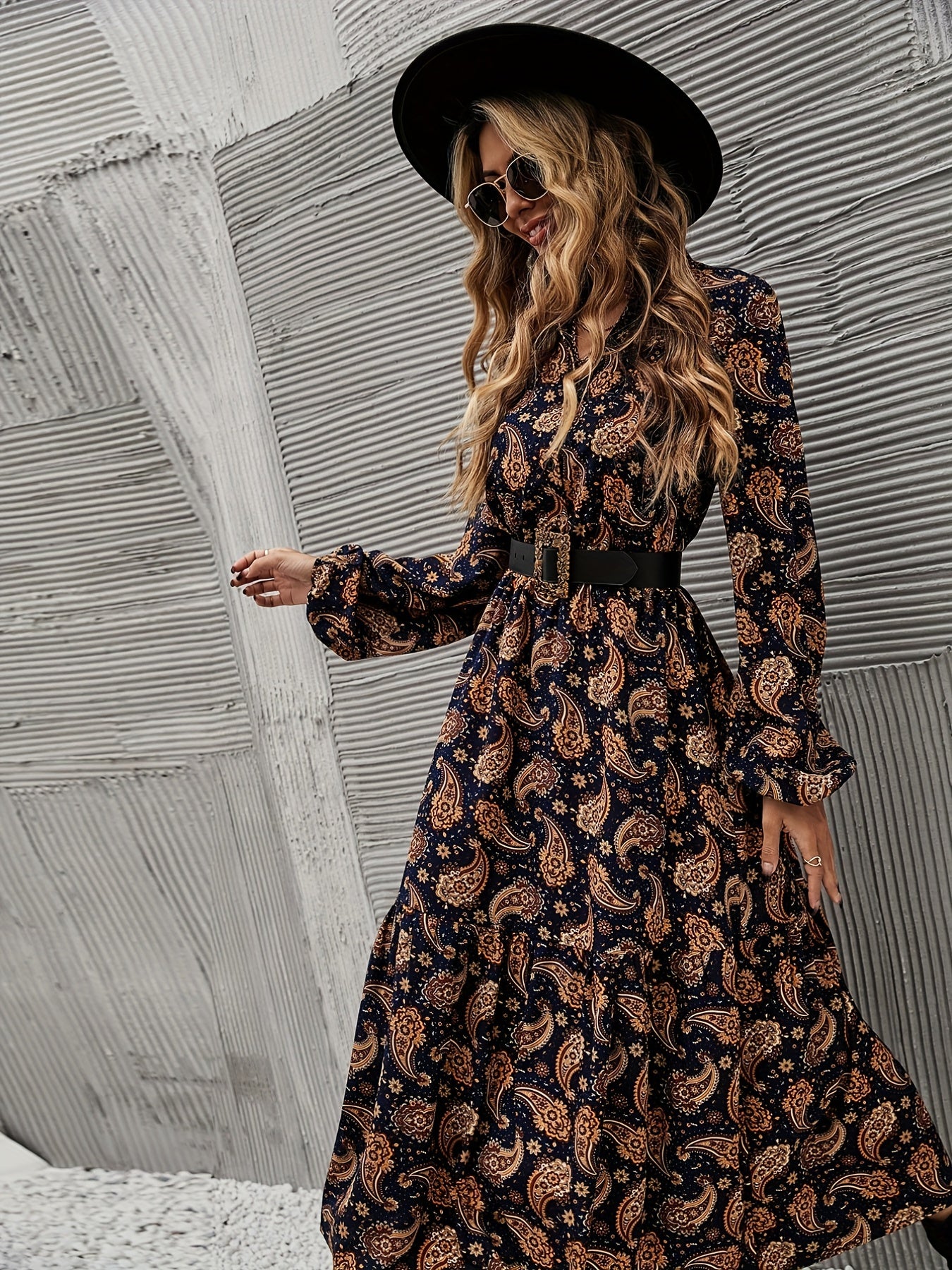 Sixsr Paisley Print Button Front Dress, Elegant Lantern Sleeve Dress For Spring & Fall, Women's Clothing