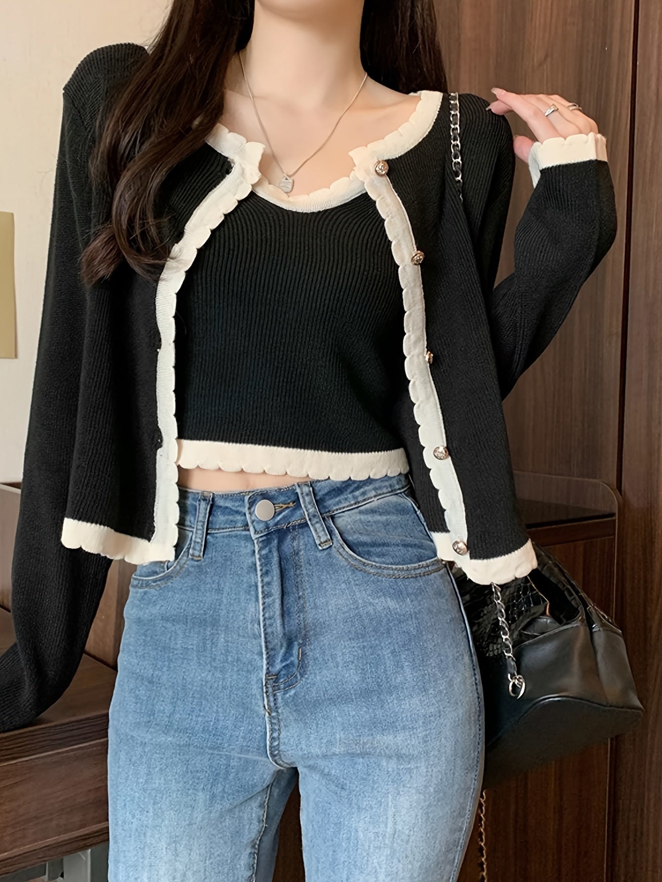 Sixsr Scallop Trim Button Up Knit Cardigan, Elegant Long Sleeve Slim Crop Cardigan, Women's Clothing
