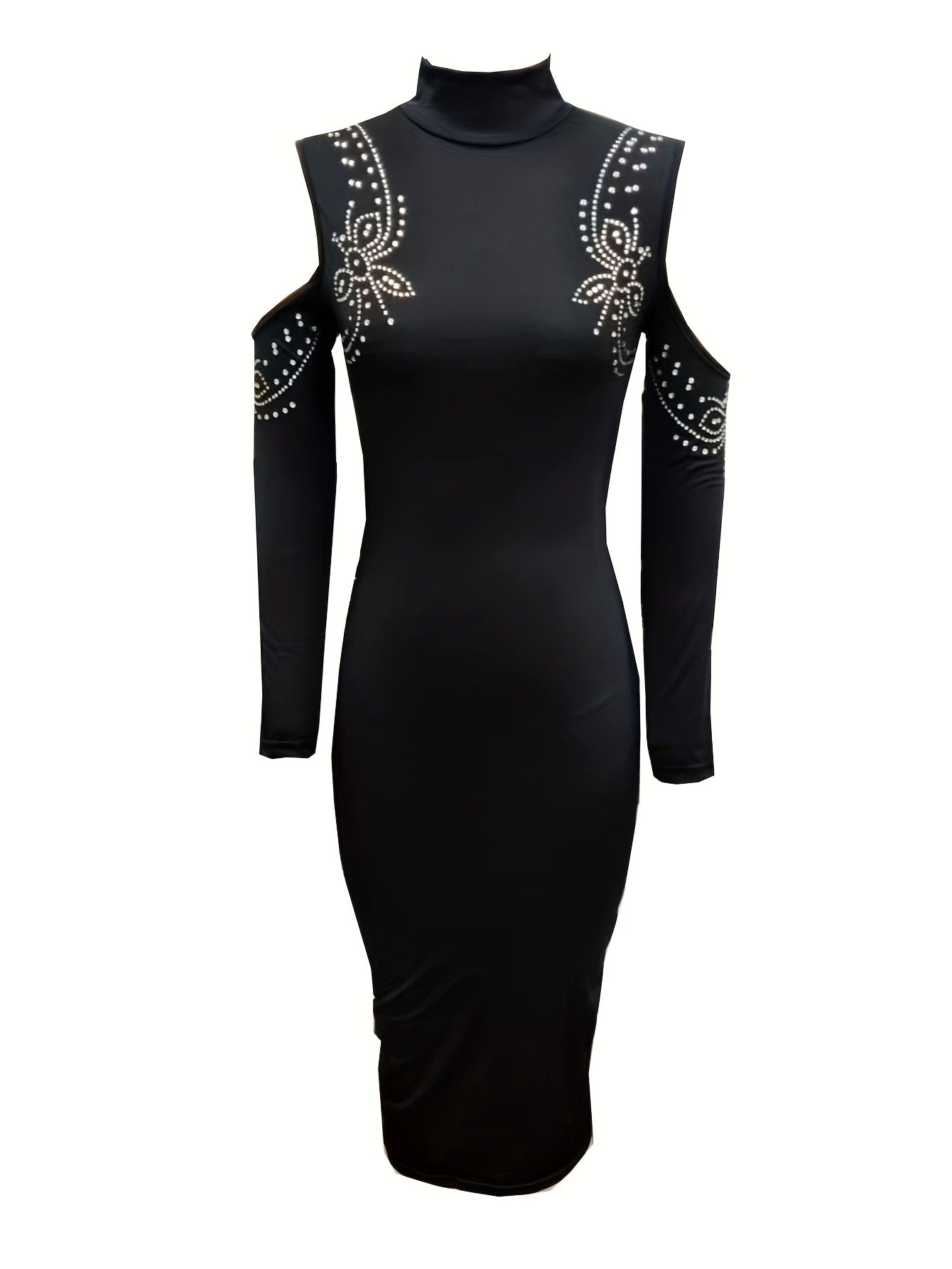 Sixsr Sequined Mock Neck Dress, Elegant Cold Shoulder Bodycon Dress For Spring & Fall, Women's Clothing