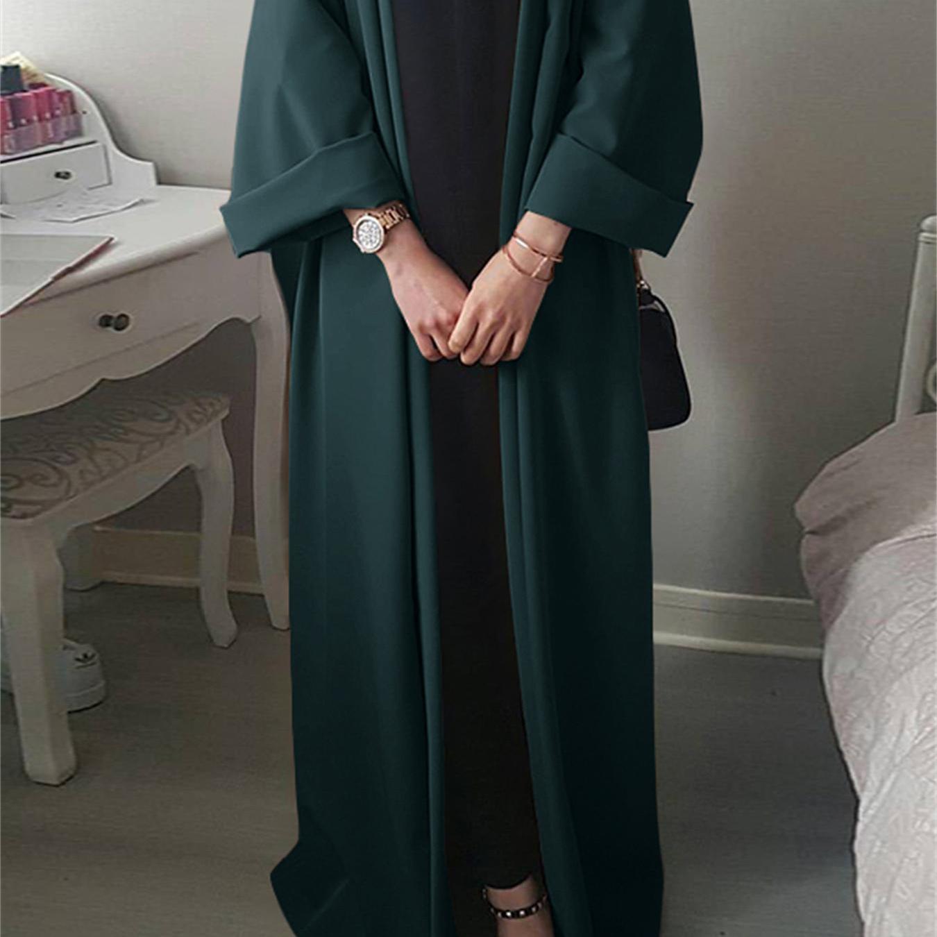 Sixsr Plus Size Modest Abaya Robe, Women's Plus Solid Long Sleeve Open Front Loose Turkey Robe