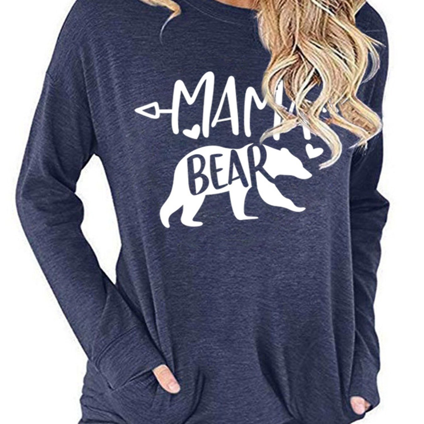 Sixsr Mamabear Bear Pattern Print T-shirt, Round Neck Long Sleeve Pullover T-Shirt, Women's Clothing