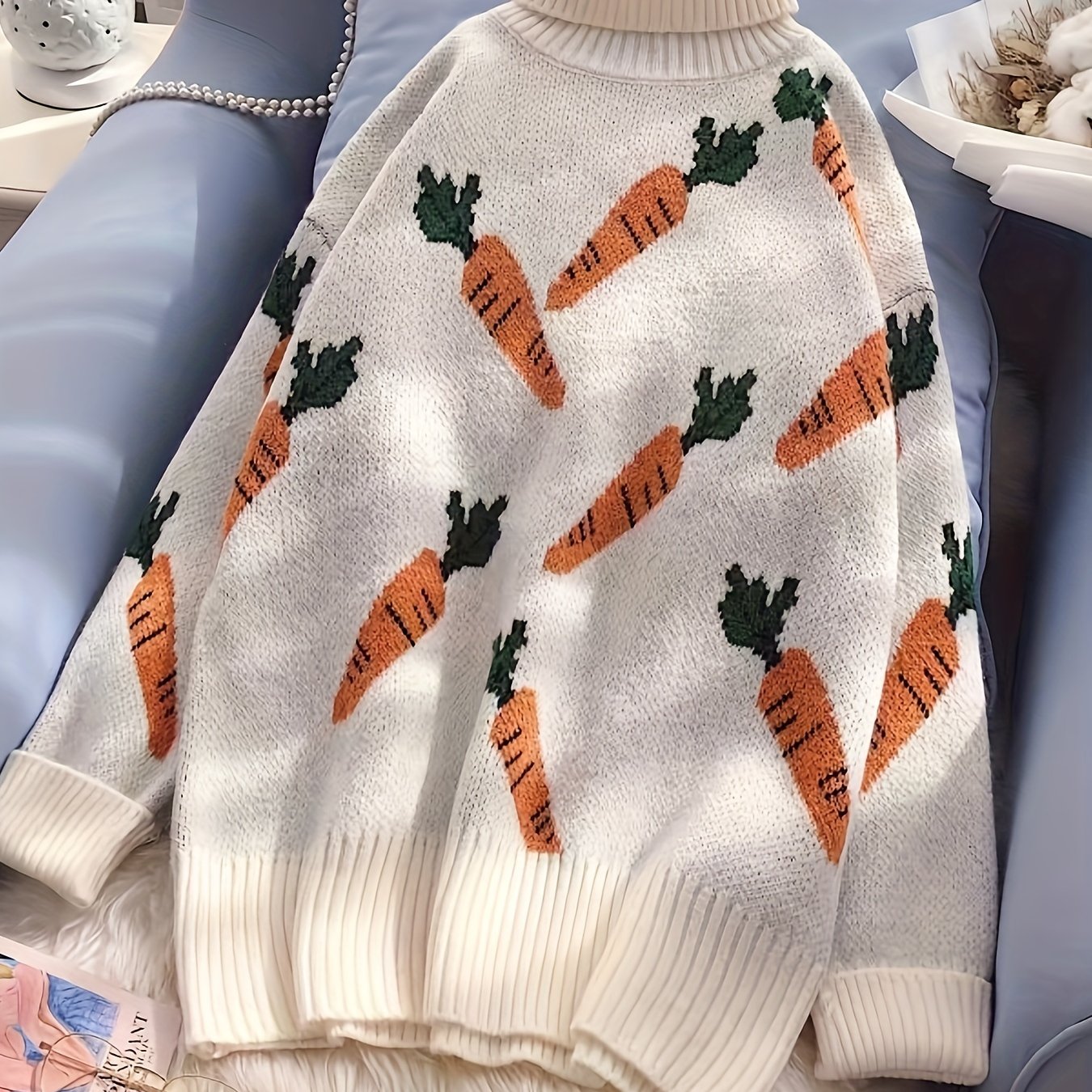 Sixsr Orange Pattern Knitted Pullover Sweater, Casual Turtleneck Long Sleeve Sweater, Women's Clothing