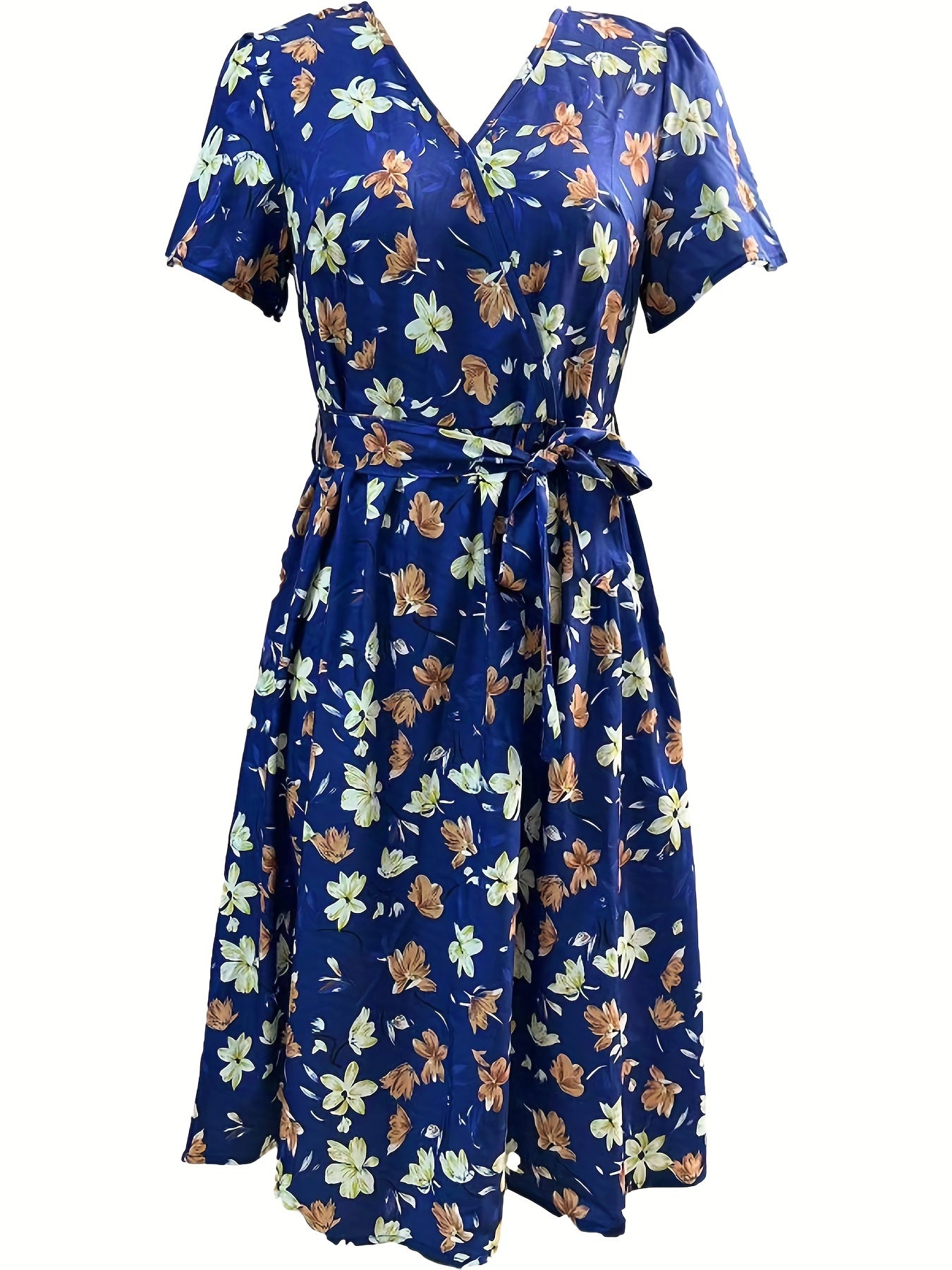 Sixsr Floral Print V Neck Dress, Elegant Knot Pleated Short Sleeve Dress, Women's Clothing
