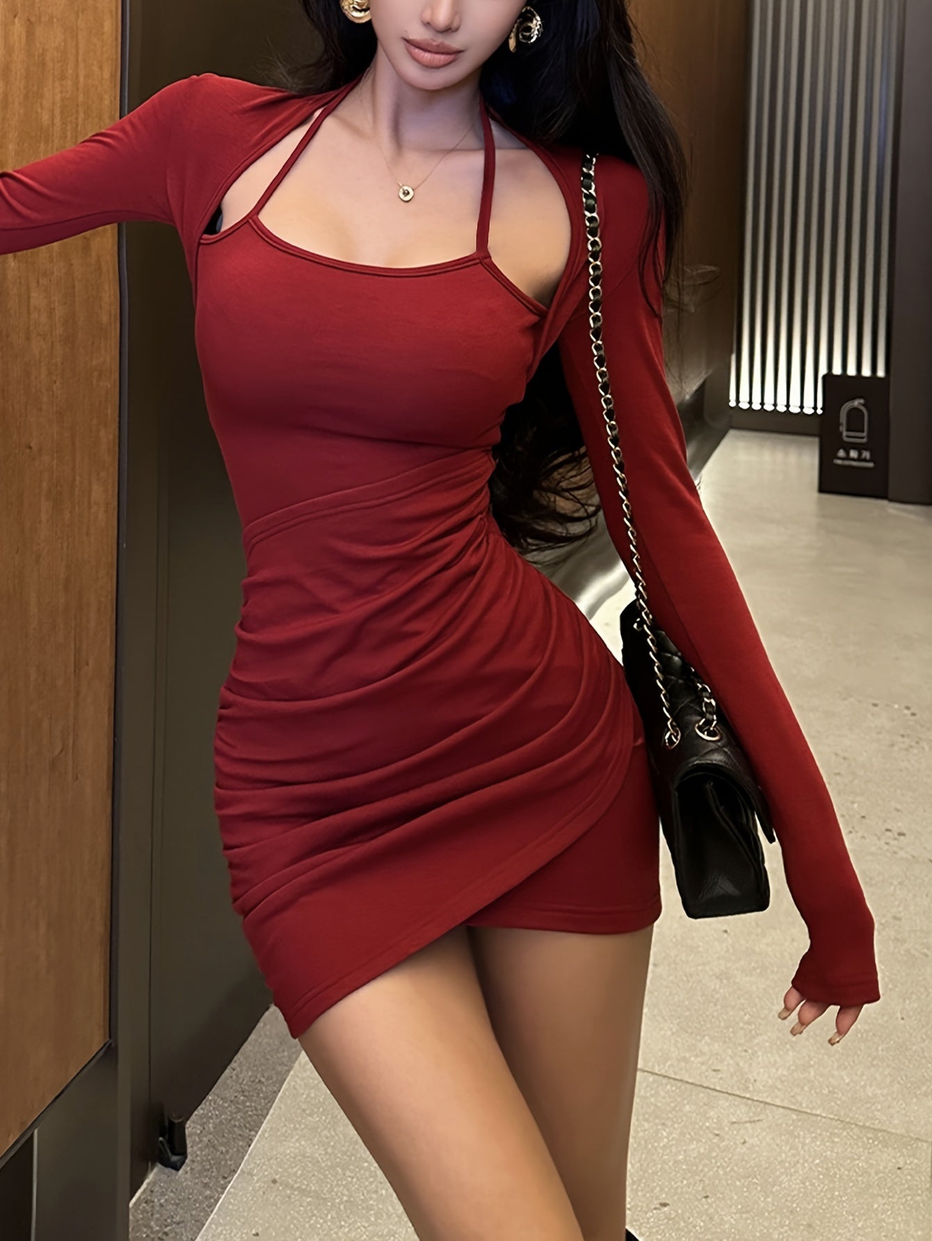 Sixsr Solid Splicing Ruched Slim Dress, Elegant Long Sleeve Bodycon Dress For Spring & Fall, Women's Clothing