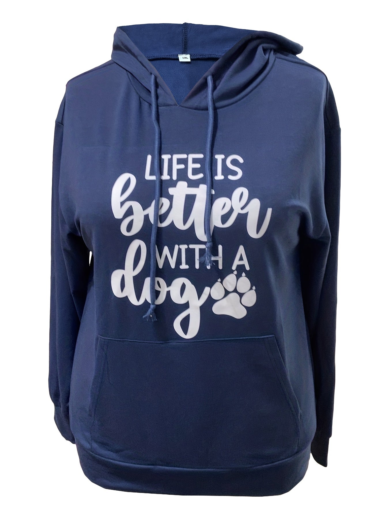 Sixsr Plus Size Casual Sweatshirt, Women's Plus Slogan Print Long Sleeve Slight Stretch Drawstring Hoodie With Pocket