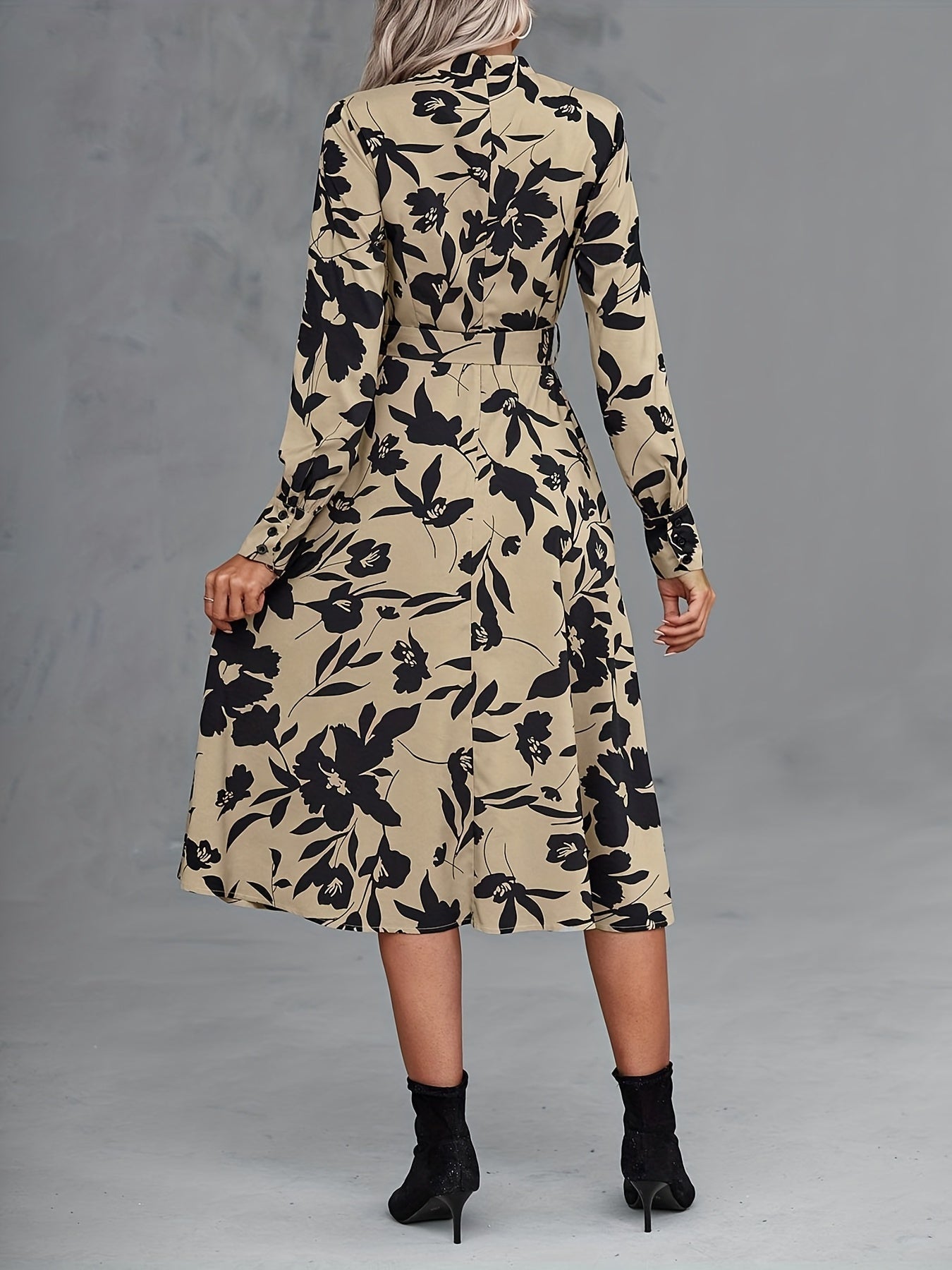 Sixsr Floral Print Keyhole Dress, Casual Stand Collar Long Sleeve Dress For Spring & Fall, Women's Clothing
