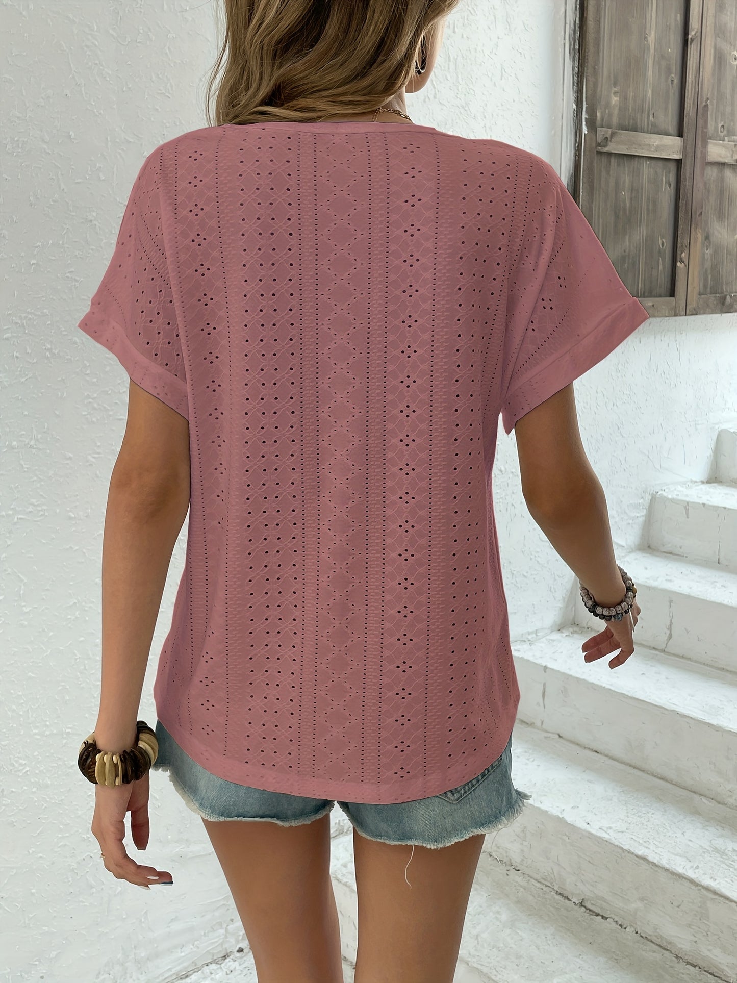 Sixsr Eyelet Embroidered T-Shirt, Short Sleeve Casual Top For Summer & Spring, Women's Clothing
