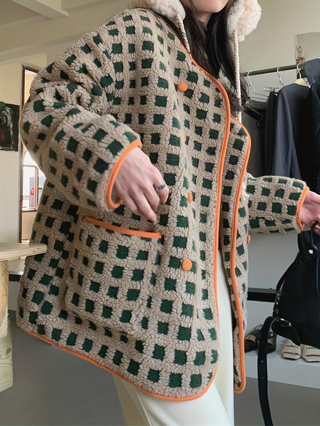 Sixsr Plaid Pattern Button Front Faux Fur Coat, Casual Long Sleeve Outwear For Fall & Winter, Women's Clothing