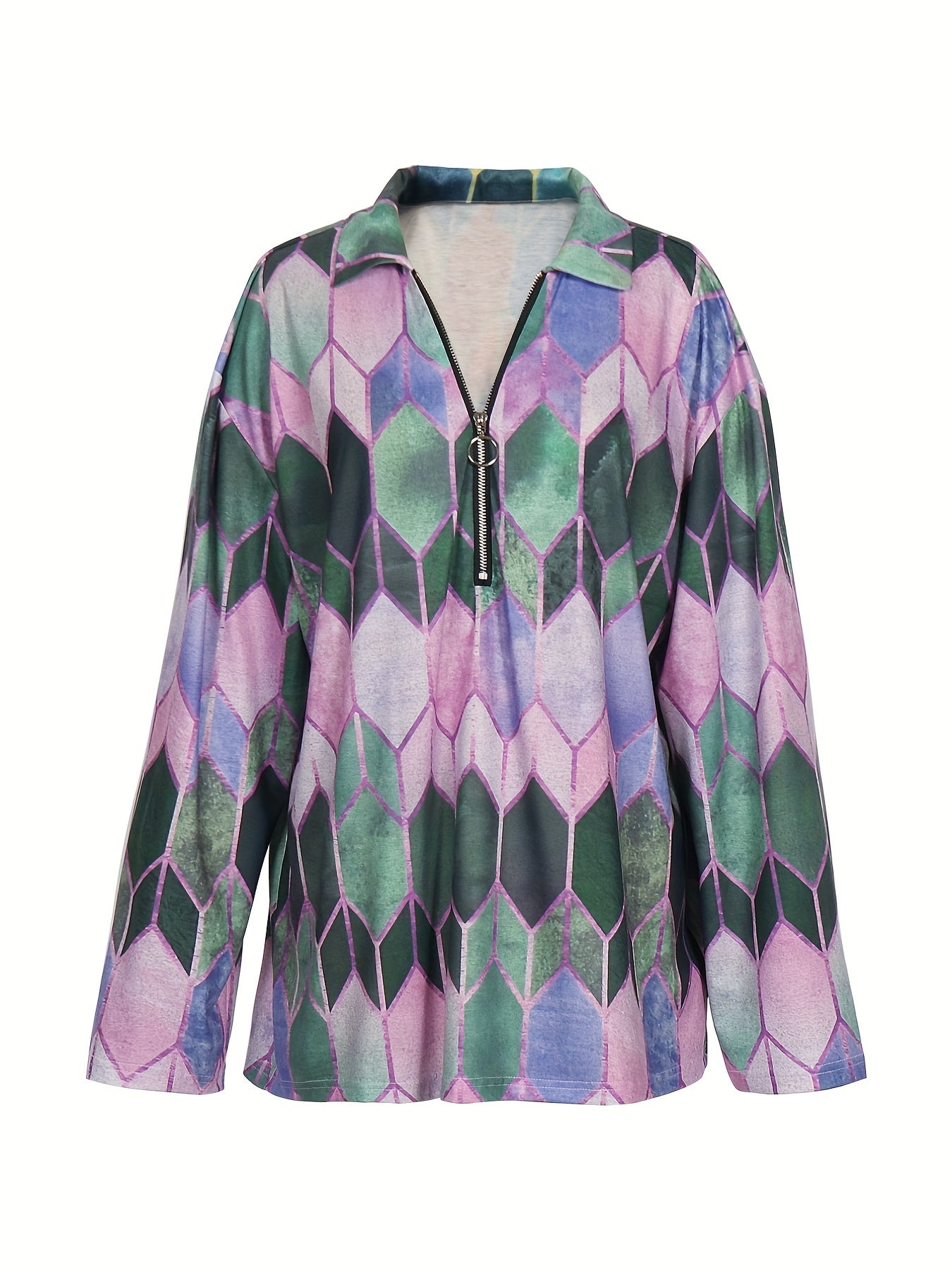 Sixsr Plus Size Casual Top, Women's Plus Colorblock Geometric Print Long Sleeve Lapel Collar Zipper Top