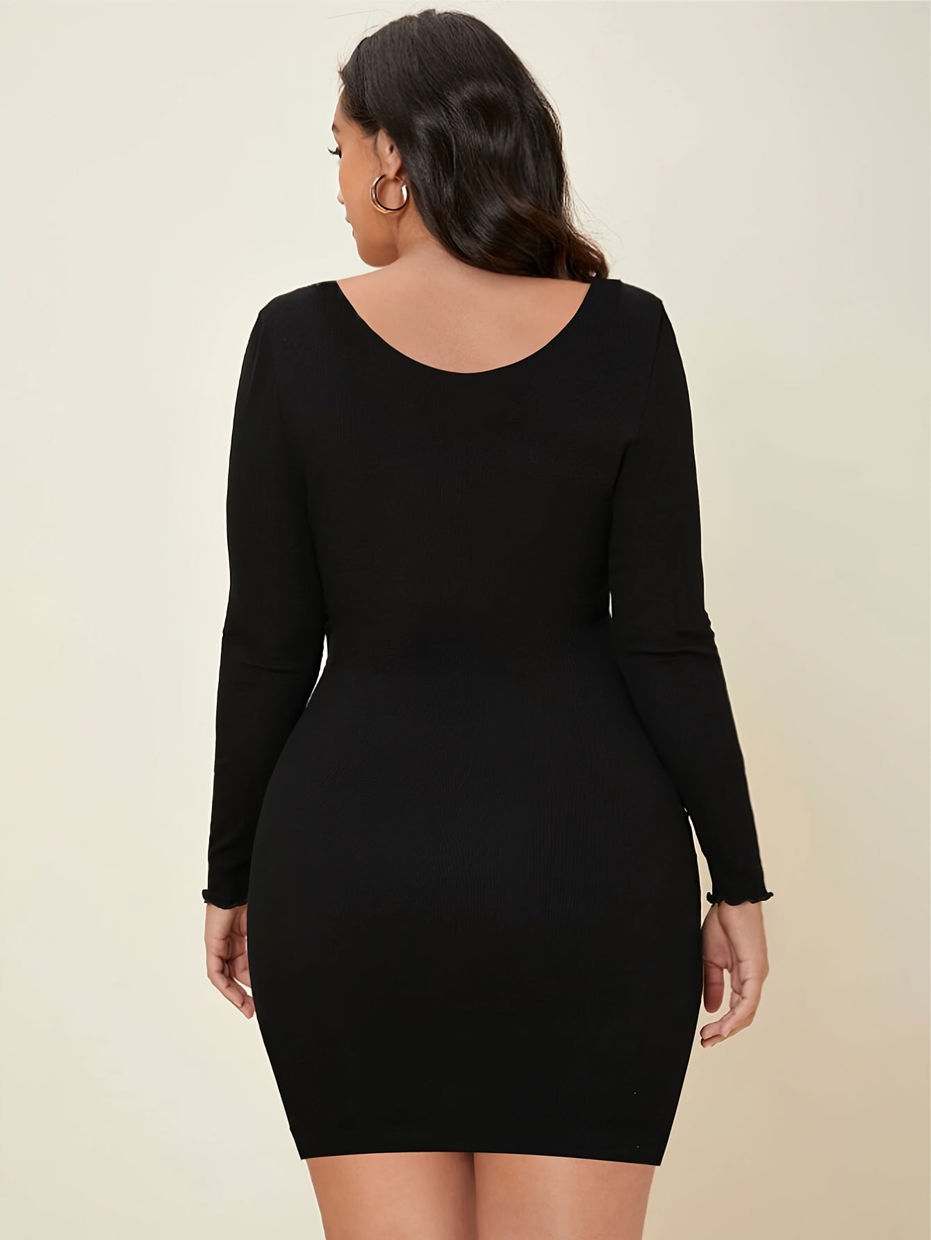 Sixsr Plus Size Casual Dress, Women's Plus Solid Scoop Neck Long Sleeve Skinny Mini Dress