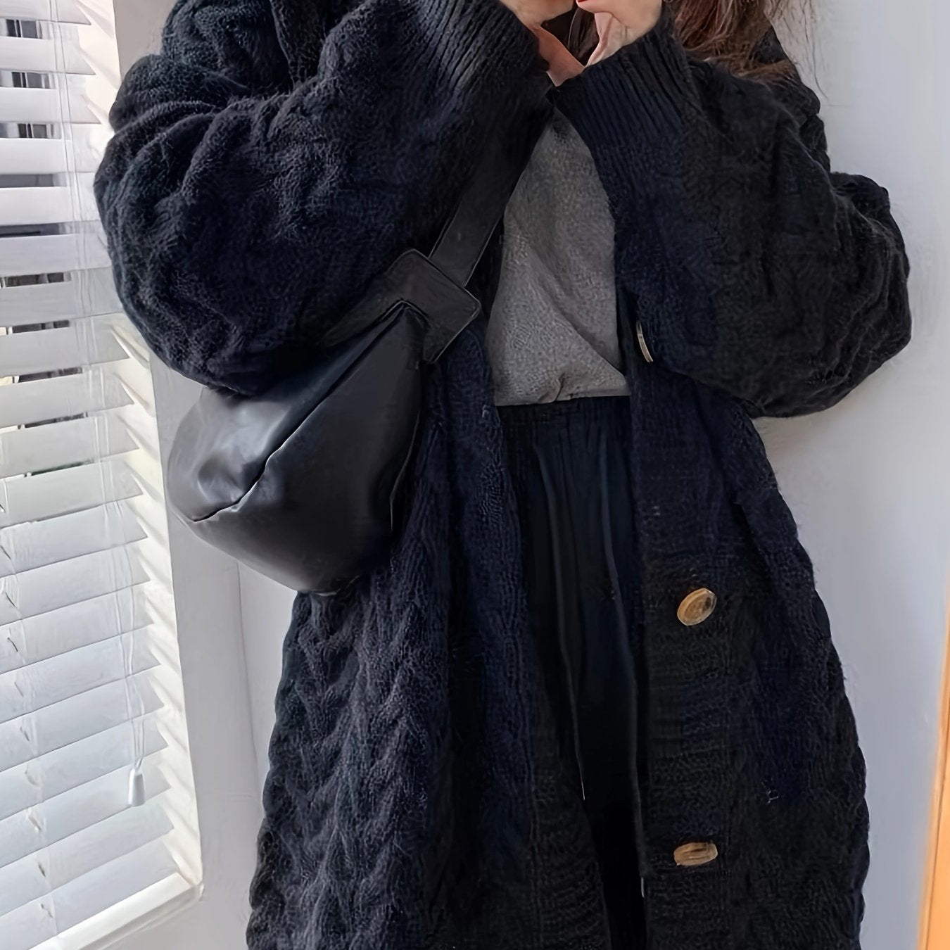 Sixsr Solid Button Down Cable Knit Cardigan, Casual Long Sleeve Mid Length Sweater Coat, Women's Clothing