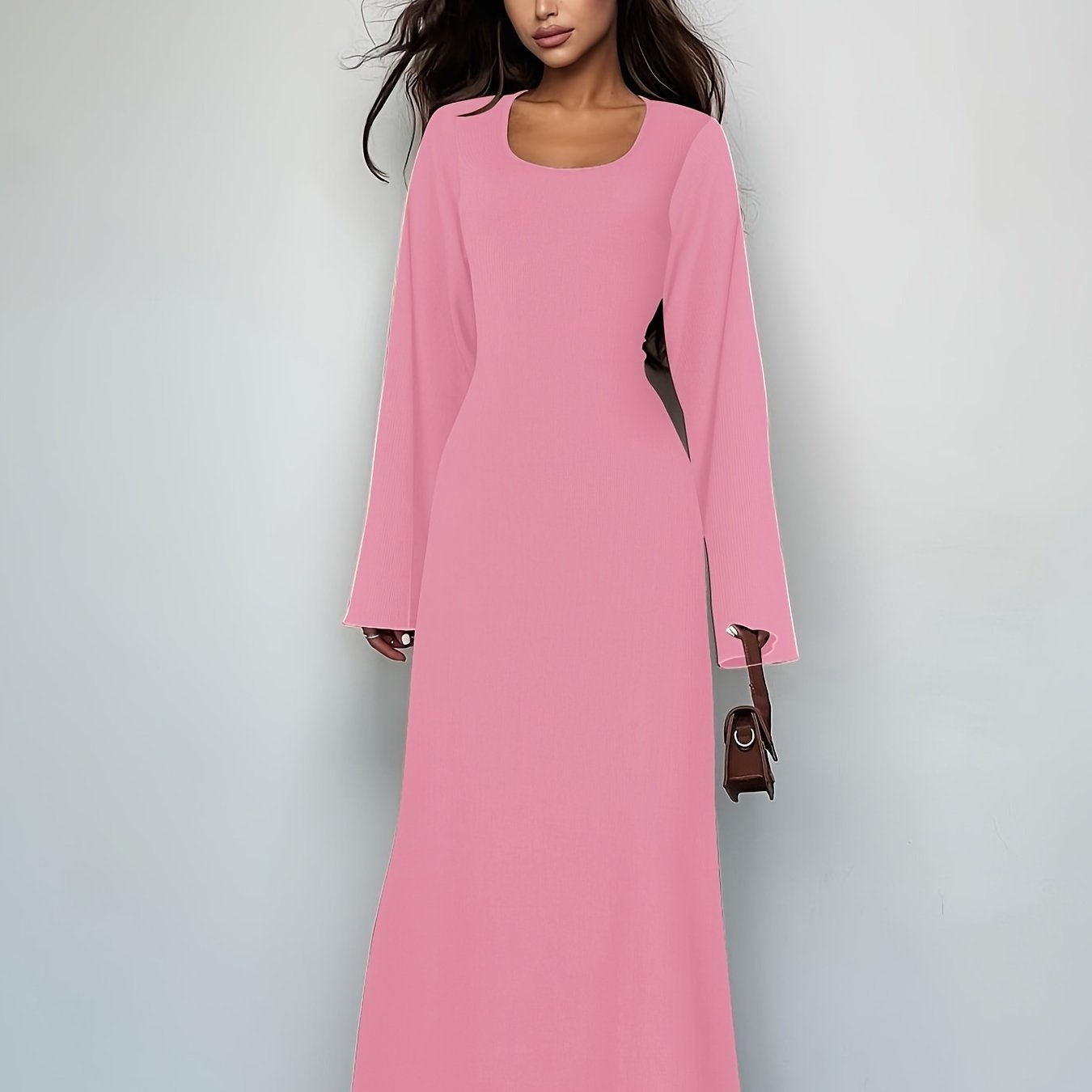 Sixsr Solid Tie Back U Neck Dress, Elegant Long Sleeve Maxi Dress, Women's Clothing