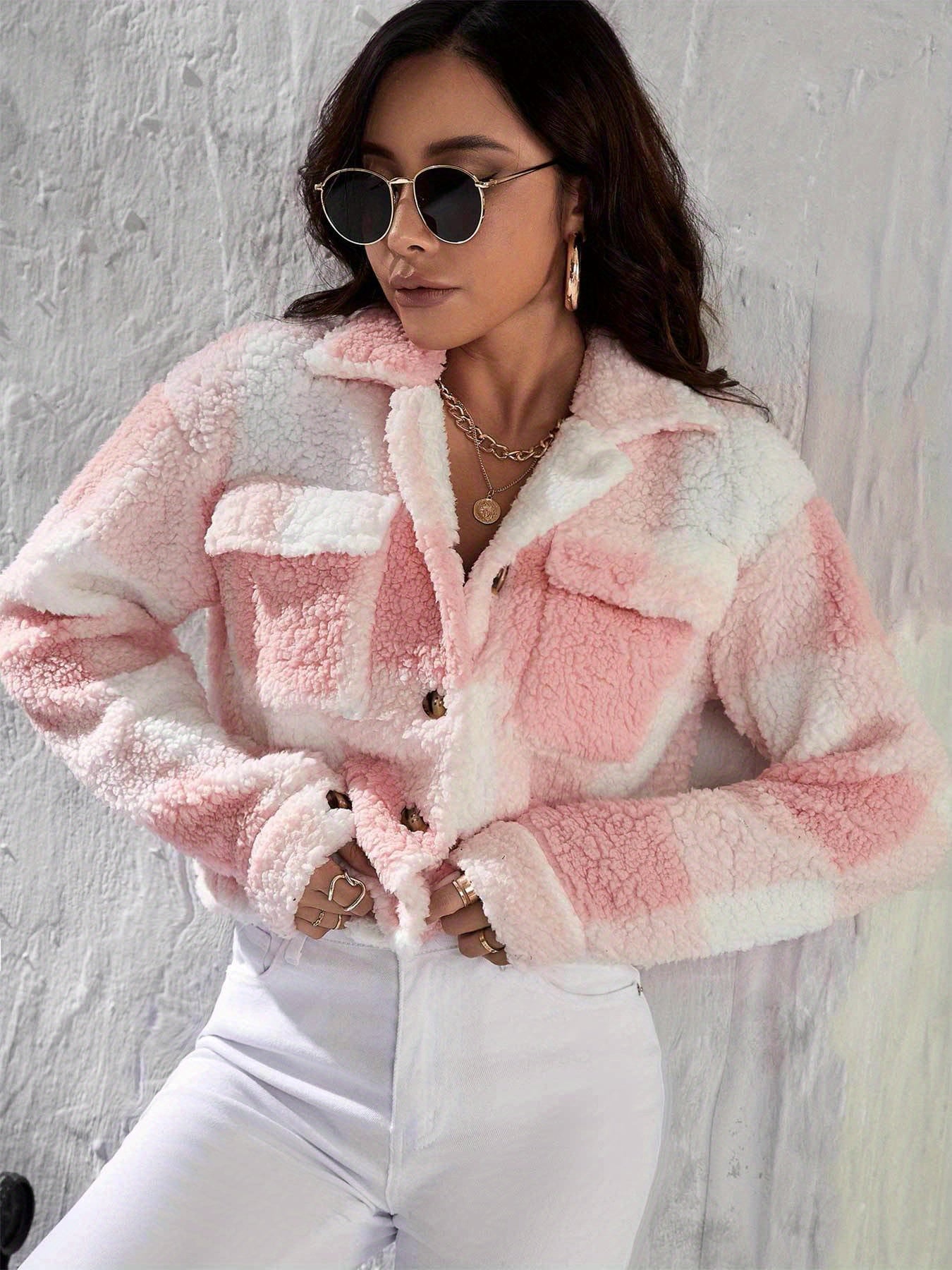 Sixsr Plaid Pattern Teddy Coat, Casual Button Front Long Sleeve Warm Outerwear, Women's Clothing