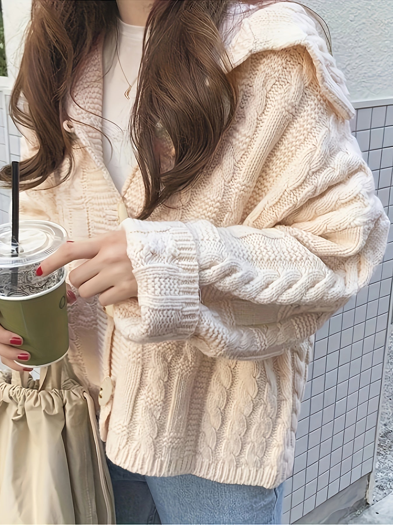 Sixsr Solid Horn Buckle Cable Knit Cardigan, Preppy Long Sleeve Hooded Loose Sweater, Women's Clothing