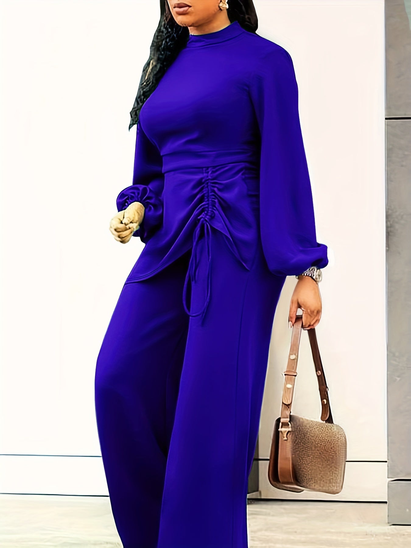 Sixsr Plus Size Casual Jumpsuit, Women's Plus Solid Lantern Sleeve Mock Neck Drawstring Ruched Wide Leg Jumpsuit