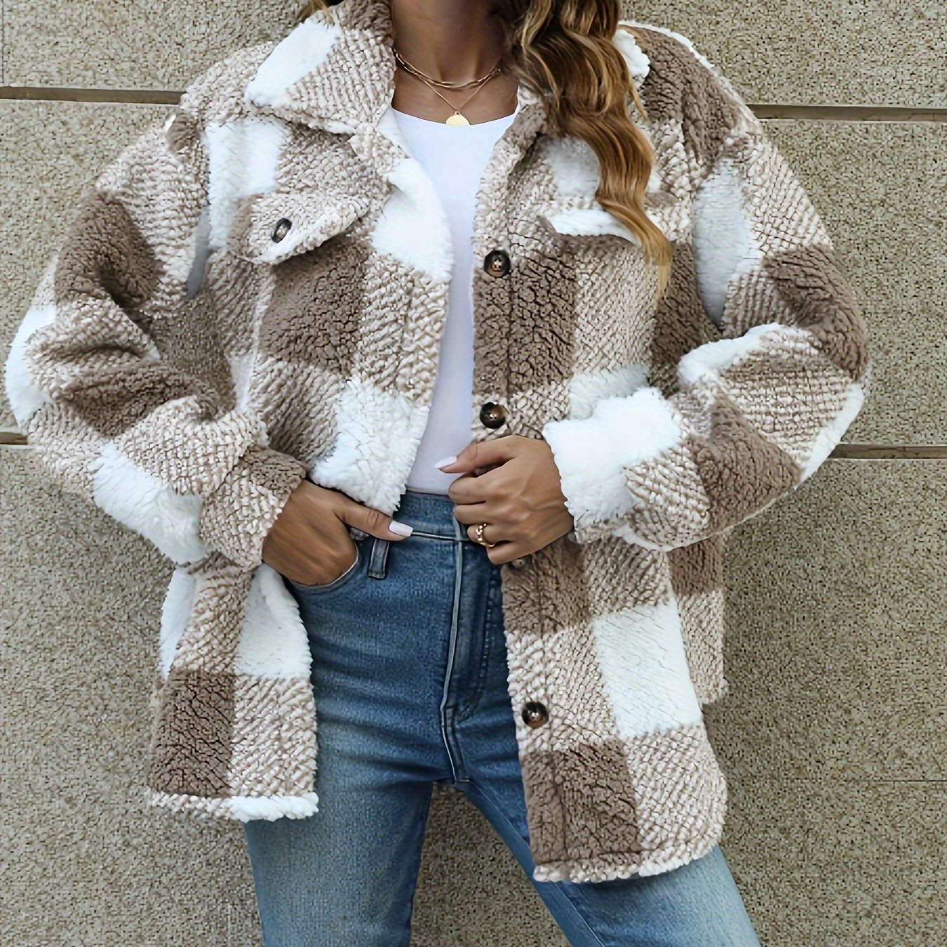 Sixsr Plaid Pattern Teddy Coat, Casual Button Front Long Sleeve Winter Outerwear, Women's Clothing