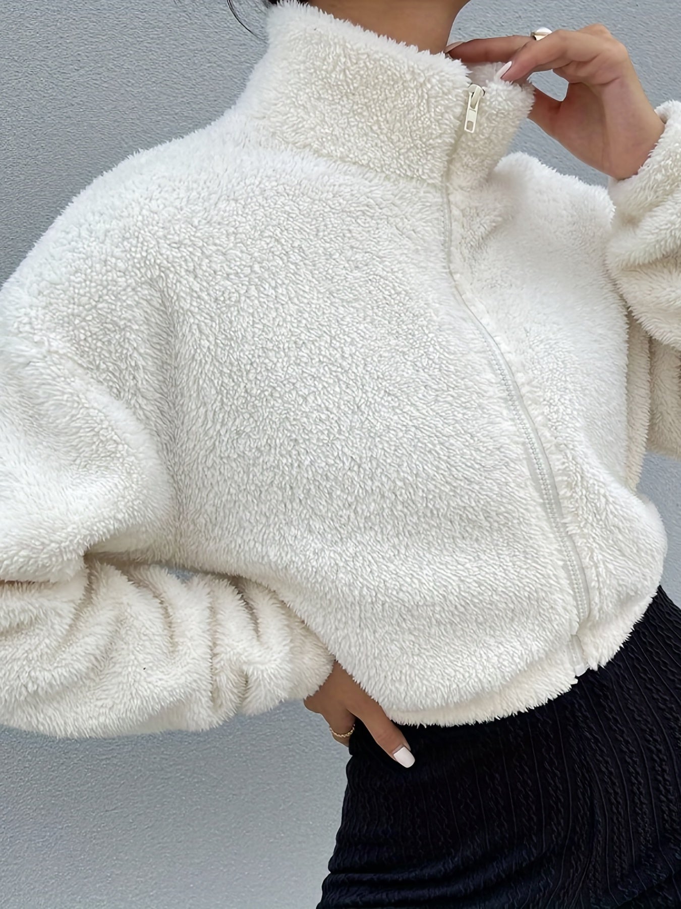 Sixsr Zip Up Teddy Jacket, Casual High Neck Long Sleeve Outerwear, Women's Clothing