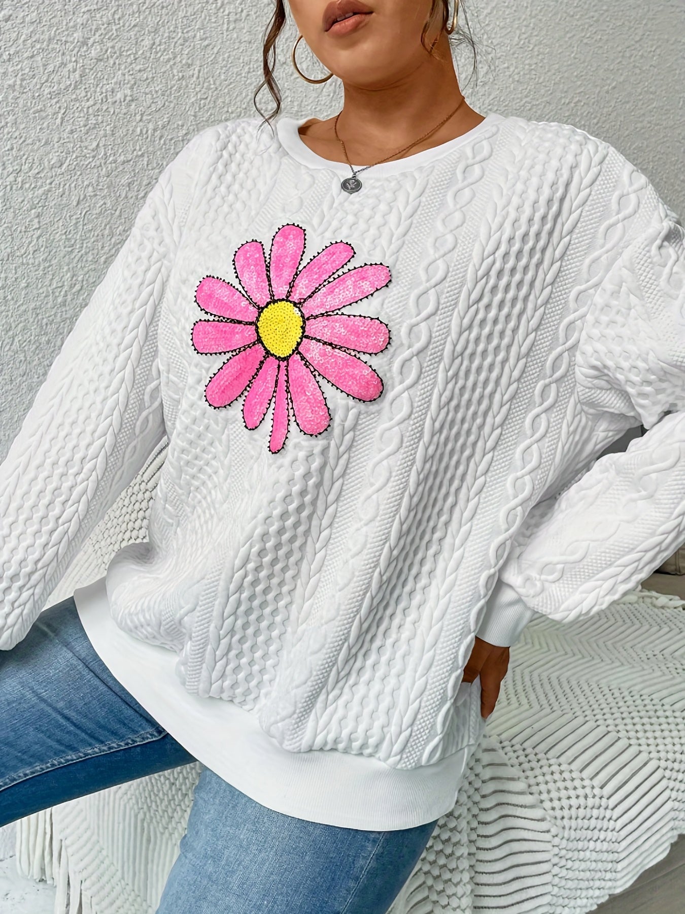 Sixsr Plus Size Casual Sweatshirt, Women's Plus Floral Print Long Sleeve Round Neck Knit Sweatshirt