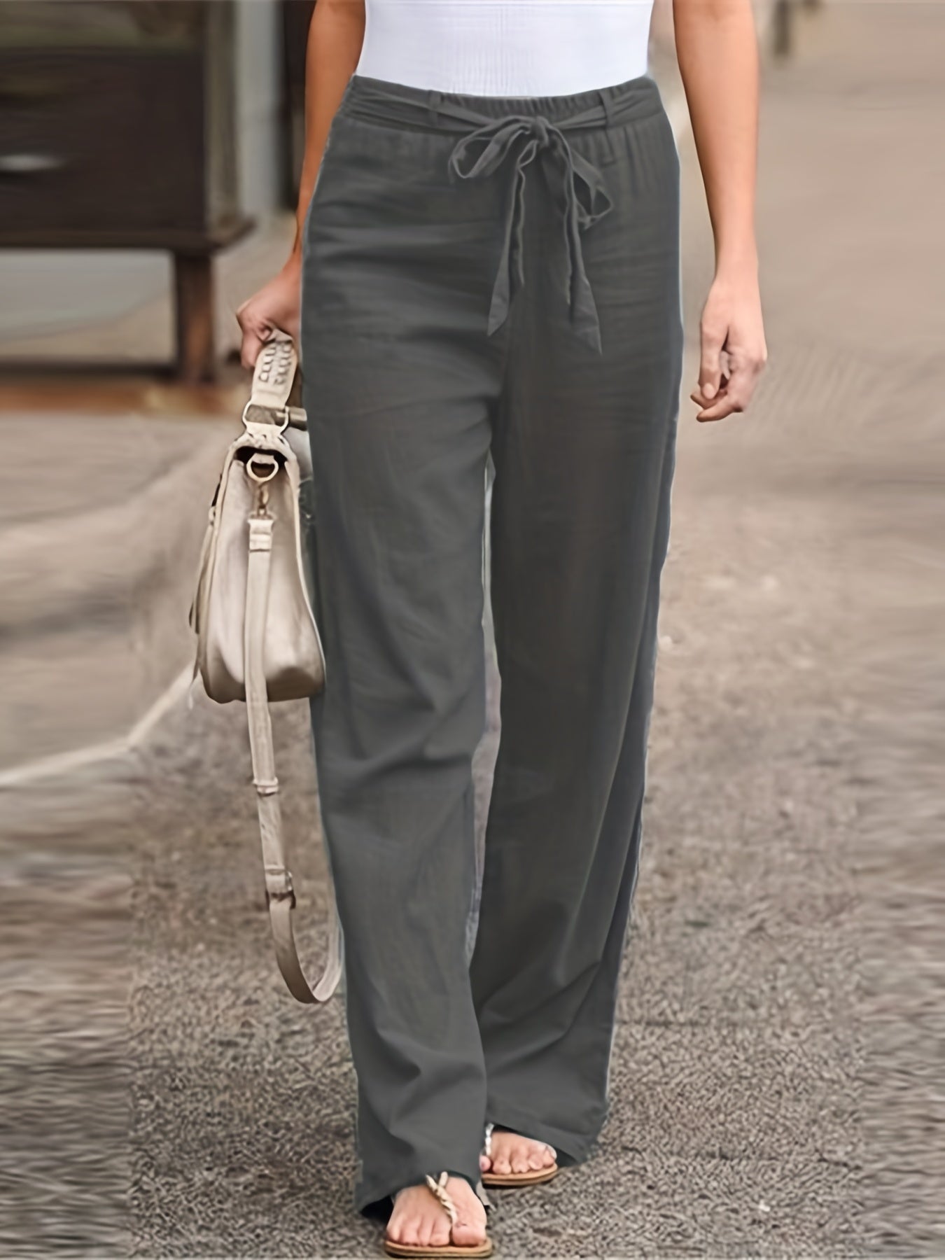 Sixsr Solid Tie Waist Pants, Casual High Waist Wide Leg Long Length Pants, Women's Clothing