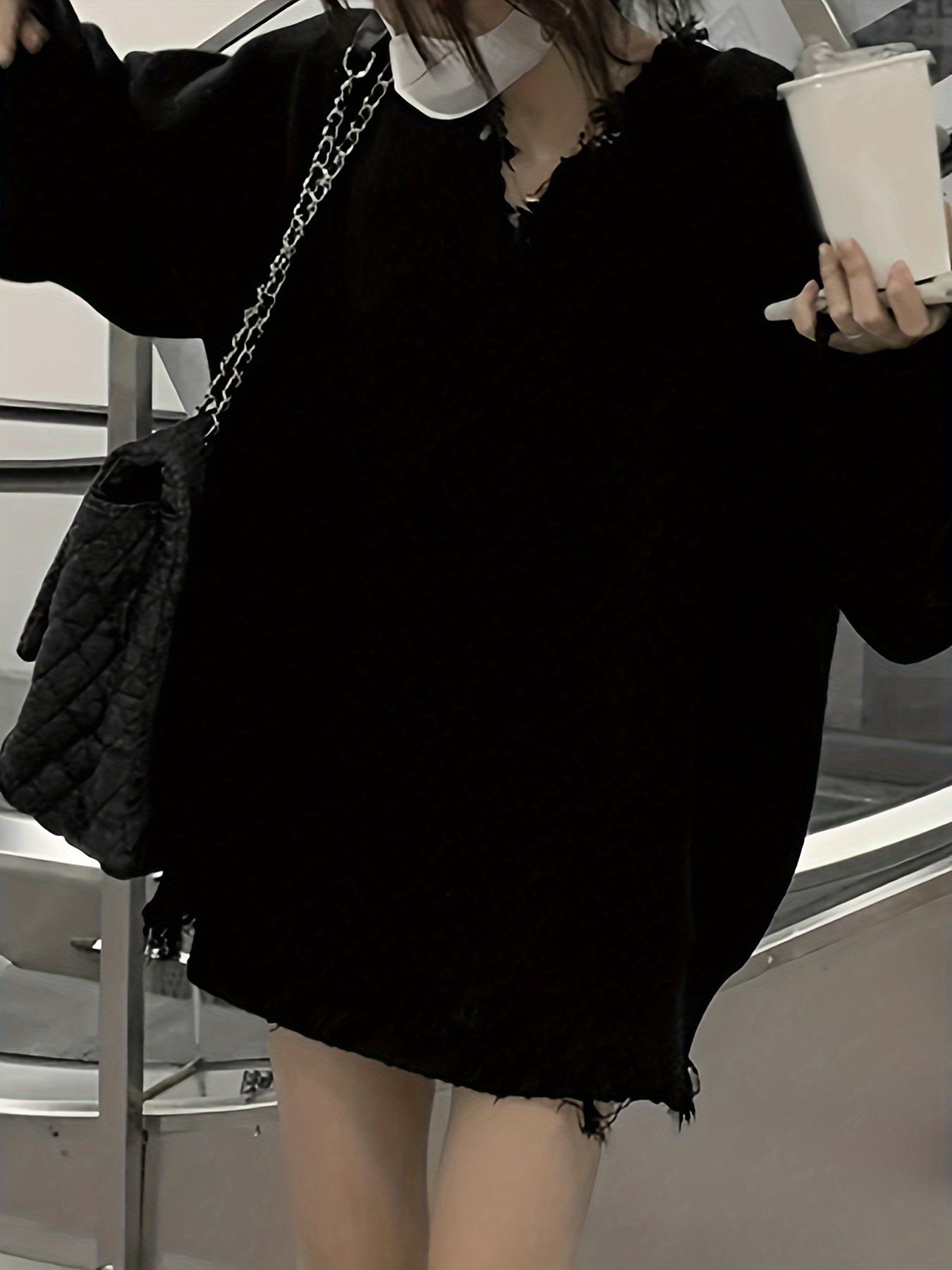 Sixsr Solid V Neck Pullover Sweater, Casual Ripped Long Sleeve Oversized Sweater, Women's Clothing