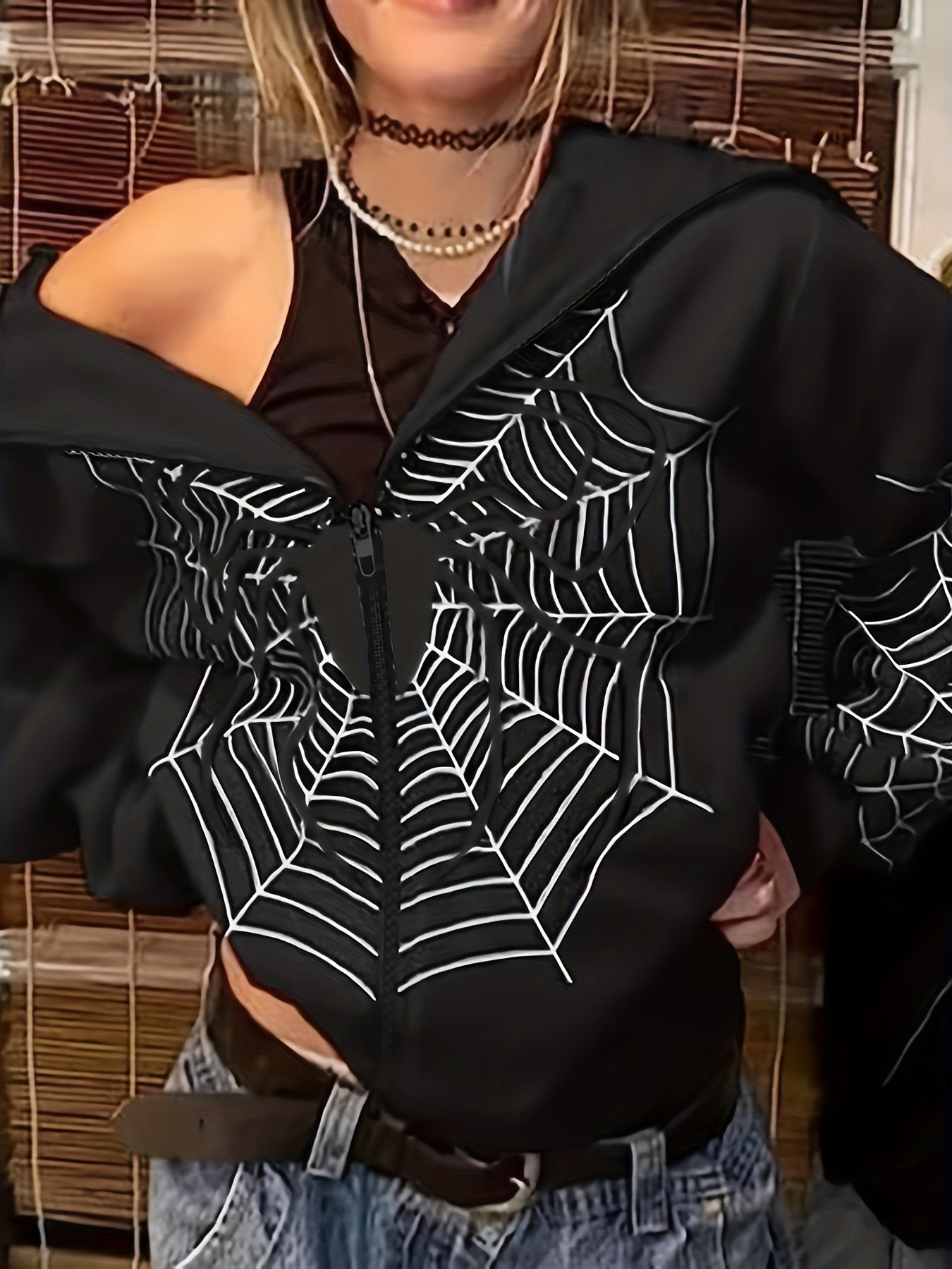 Sixsr Y2K Spider Print Zip Up Hoodie, Long Sleeve Hoodies Sweatshirt, Women's Clothing