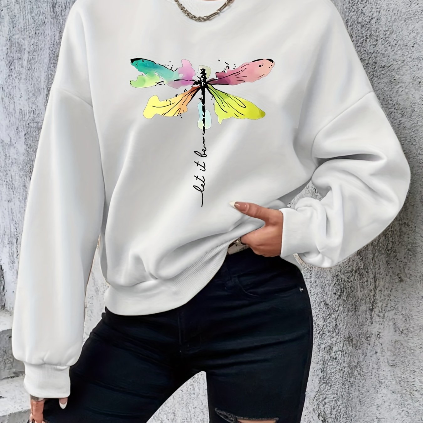 Sixsr Plus Size Casual Sweatshirt, Women's Plus Tie Dye Dragonfly & Letter Print Long Sleeve Round Neck Slight Stretch Sweatshirt