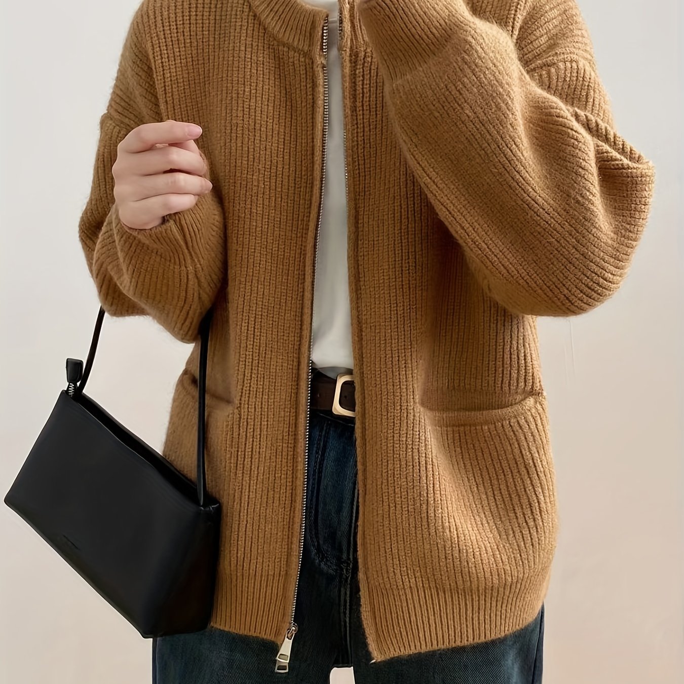 Sixsr Solid Zip Up Knit Cardigan, Casual Long Sleeve Pocket Sweater For Fall & Winter, Women's Clothing