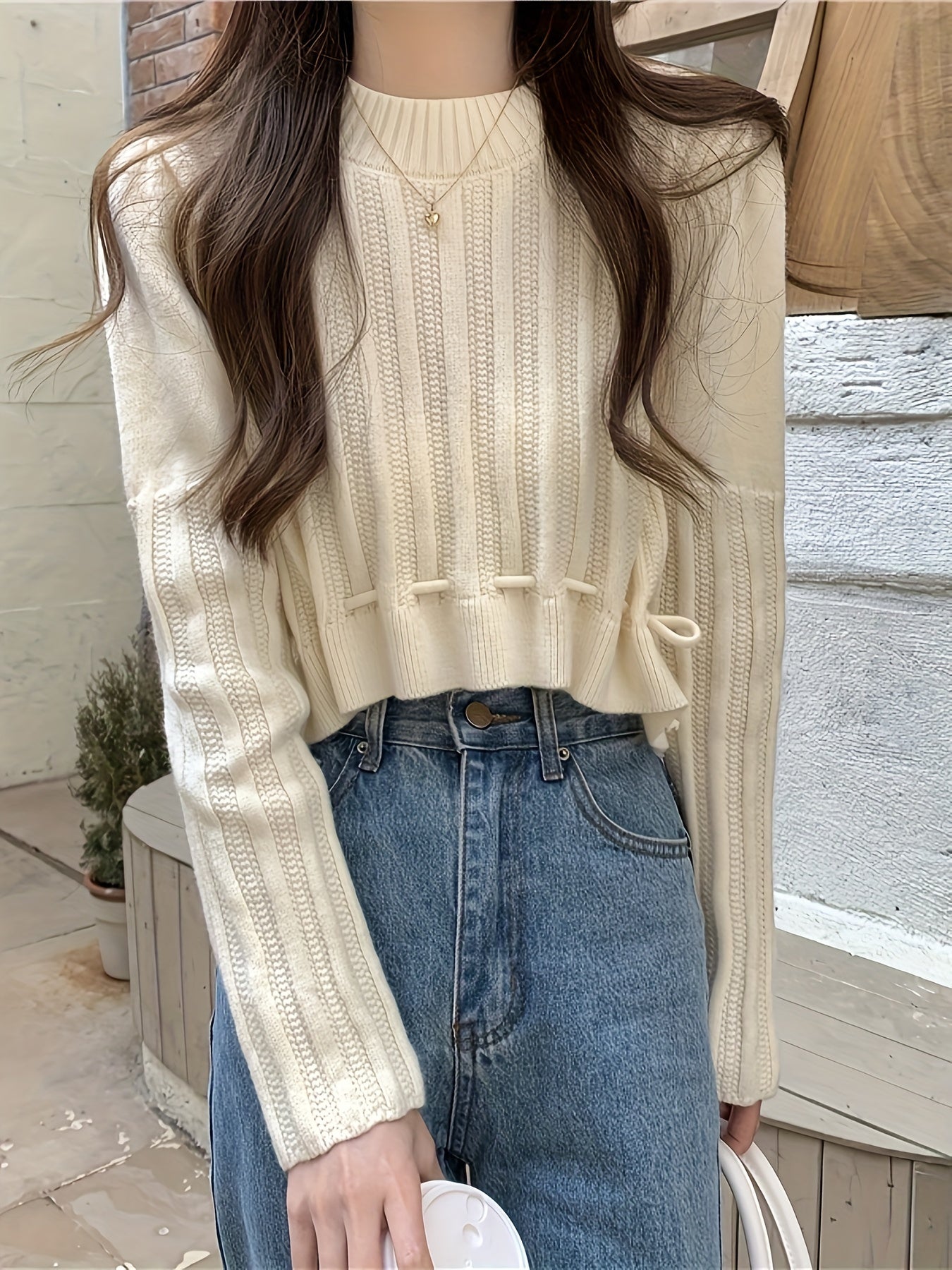 Sixsr Solid Drawstring Hem Crop Sweater, Casual Mock Neck Long Sleeve Sweater For Fall & Winter, Women's Clothing