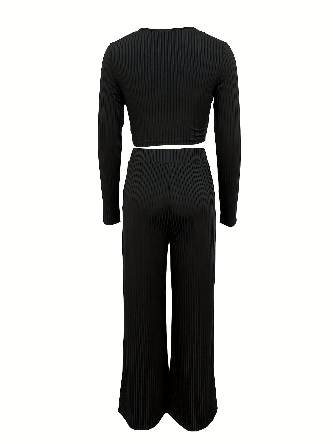 Sixsr Solid Casual Two-piece Set, Crew Neck Long Sleeve Tops & High Waist Wide Leg Pants Outfits, Women's Clothing