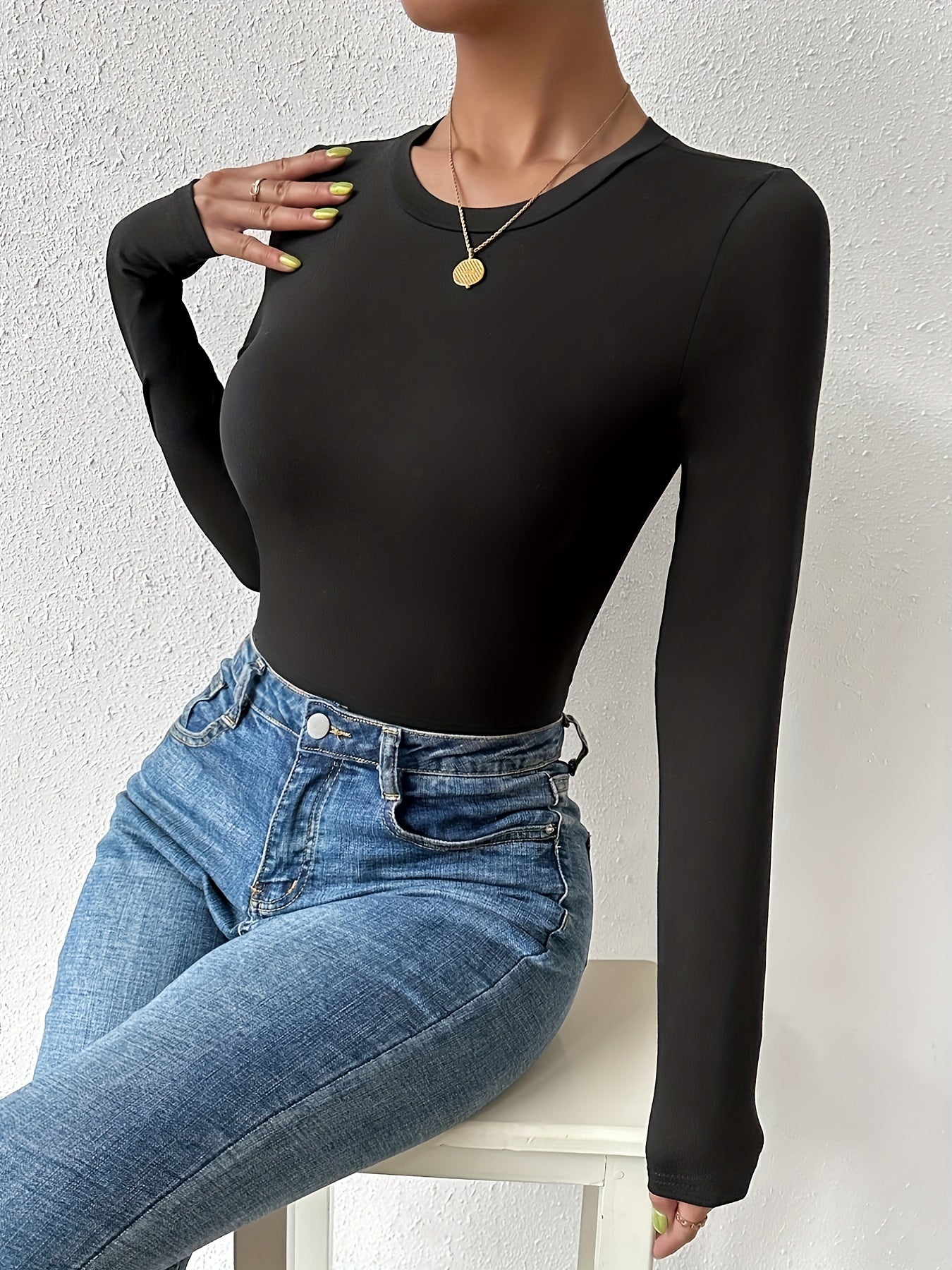 Sixsr Basic Skinny Stretchy Top, Long Sleeve Crew Neck Solid T-Shirts, Casual Every Day Tops, Women's Clothing