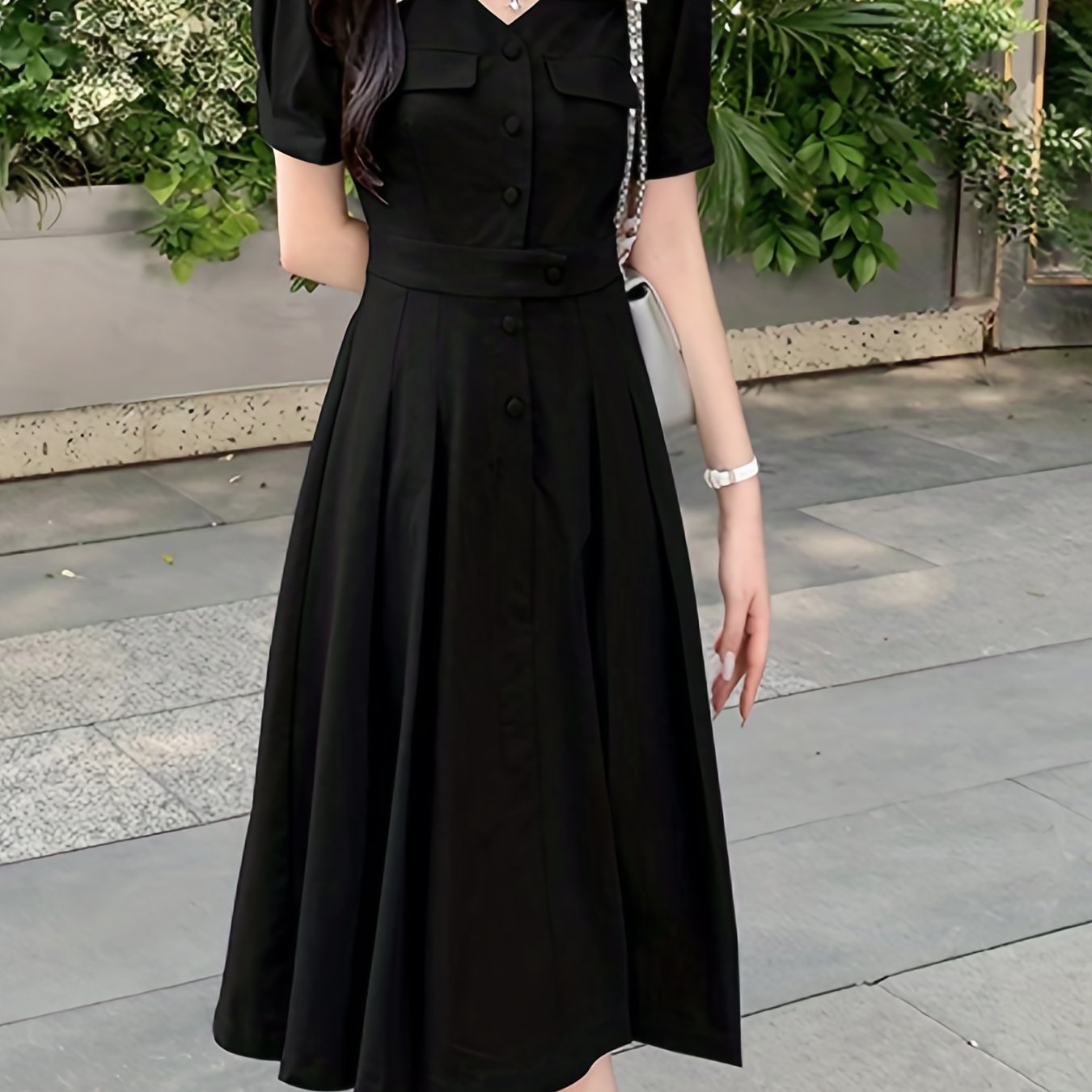 Sixsr Button Front Tucked Dress, Elegant Puff Sleeve V Neck Dress, Women's Clothing