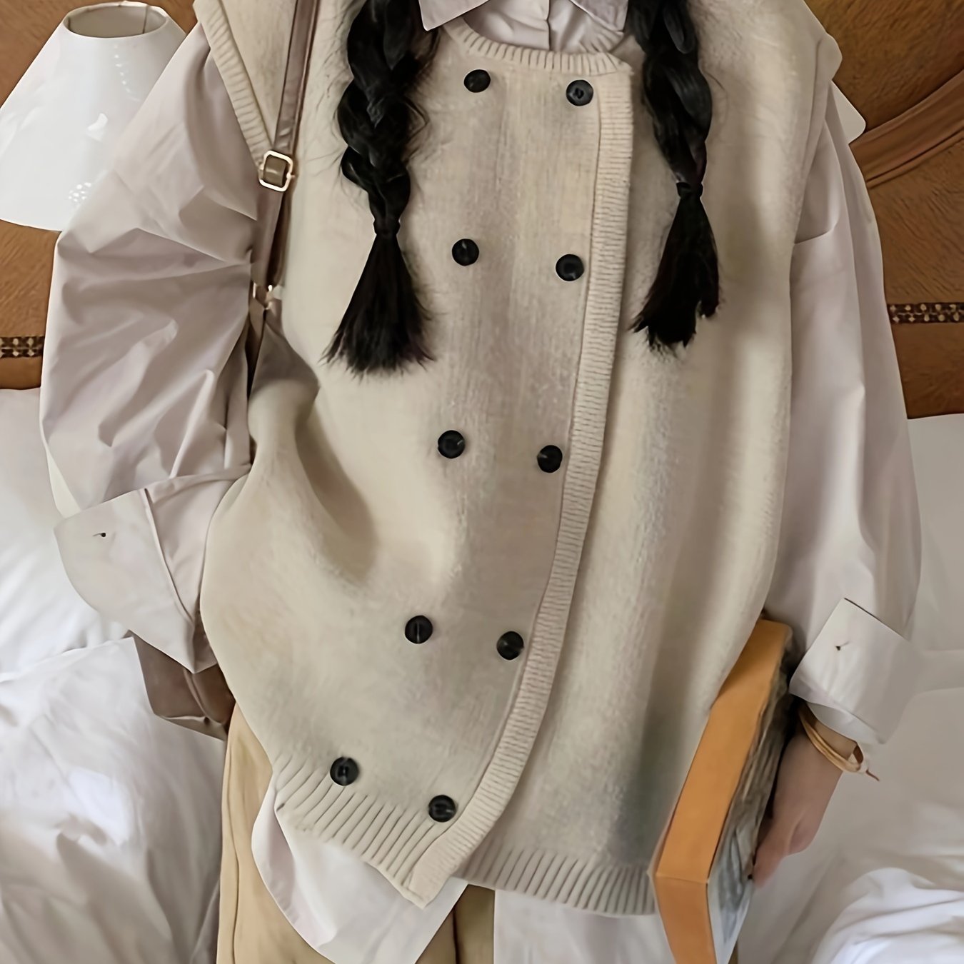 Sixsr Solid Double Breasted Knitted Vest, Casual Crew Neck Sleeveless Loose Sweater, Women's Clothing