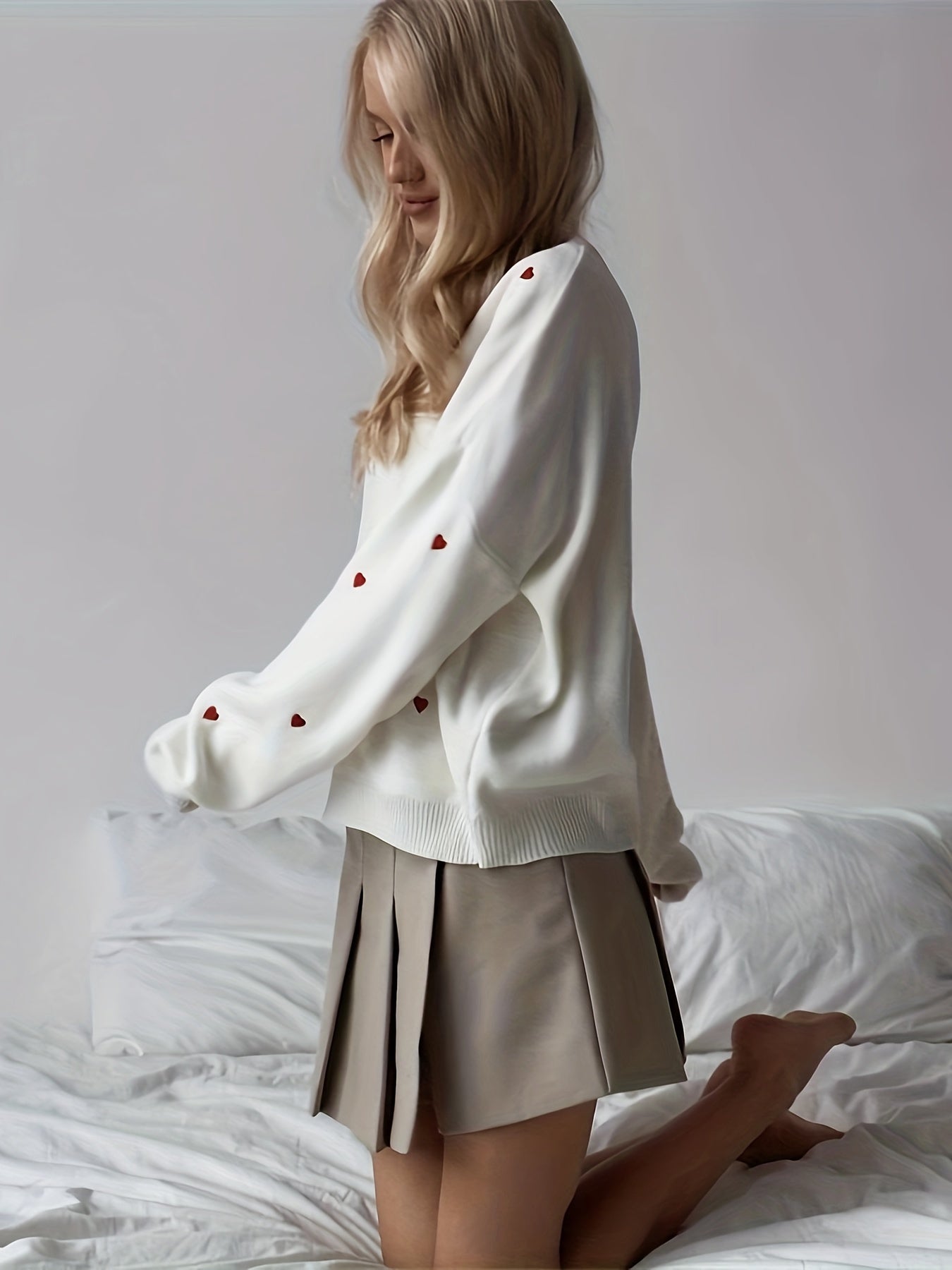 Sixsr Heart Pattern Crew Neck Knit Sweater, Casual Long Sleeve Pullover Sweater, Women's Clothing