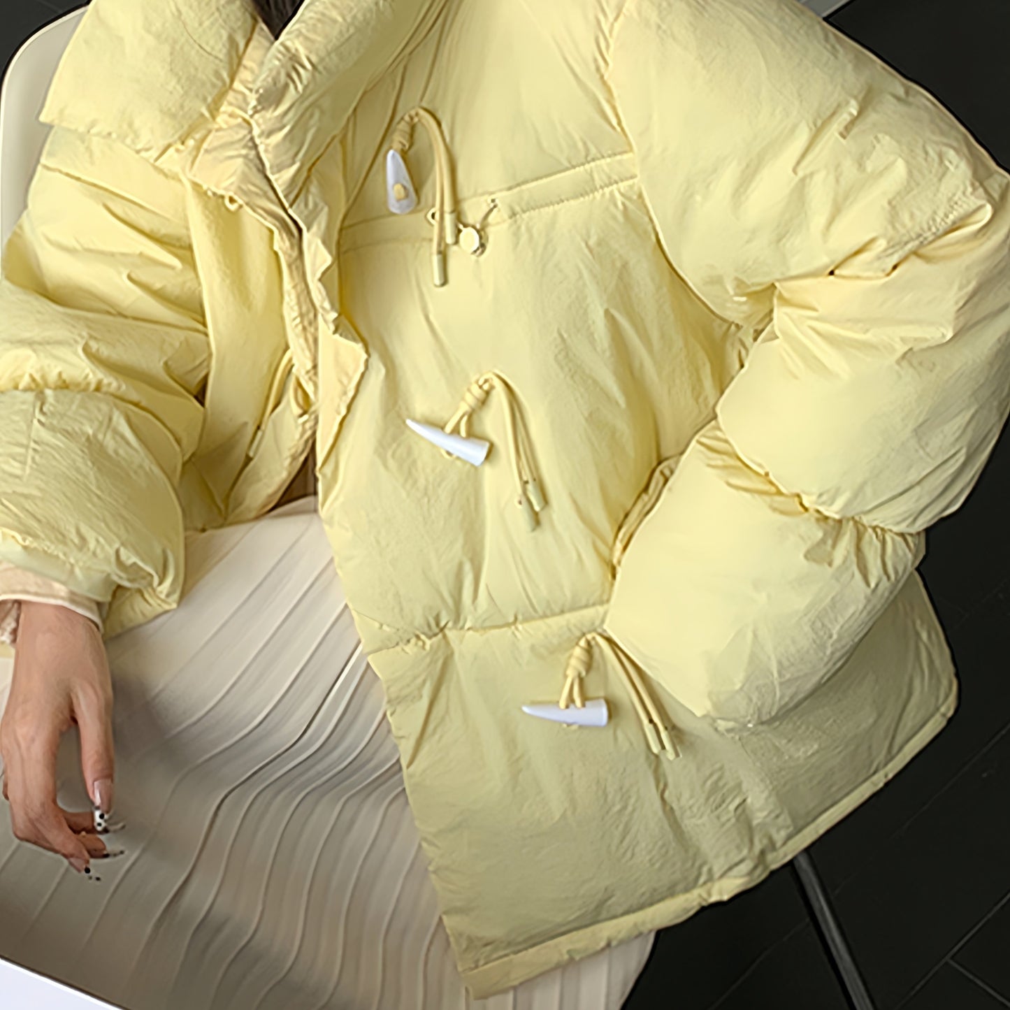 Sixsr Buckle Front Solid Warm Coat, Casual Long Sleeve Puffy Outerwear, Women's Clothing