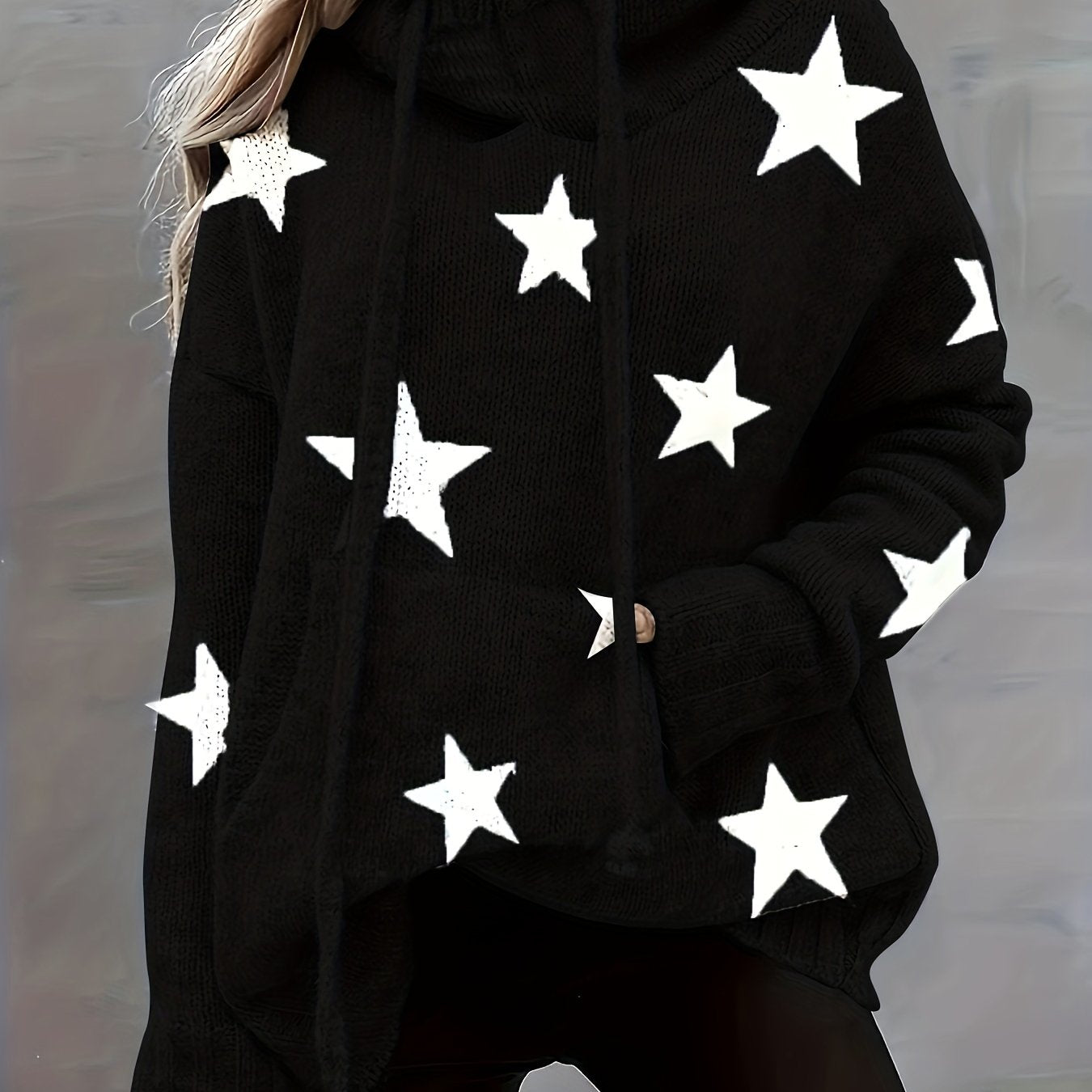Sixsr Plus Size Casual Sweater, Women's Plus Star Print Long Sleeve Drawstring Hoodie Sweater With Pockets