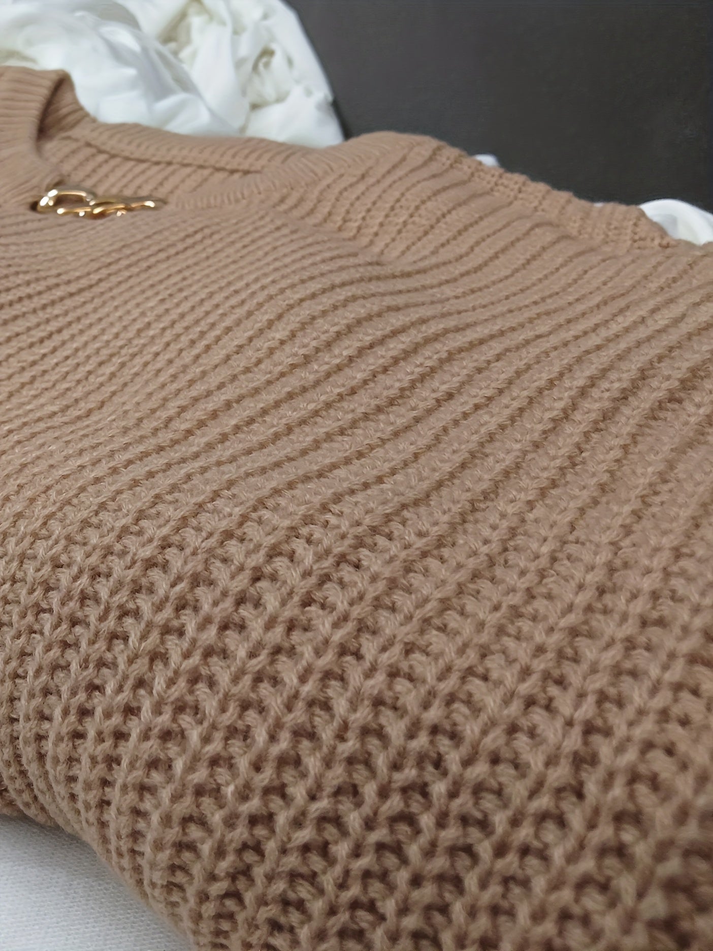 Sixsr Plus Size Chain Decor Cut Out Lantern Sleeve Sweater, Women's Plus Medium Stretch Casual Sweater