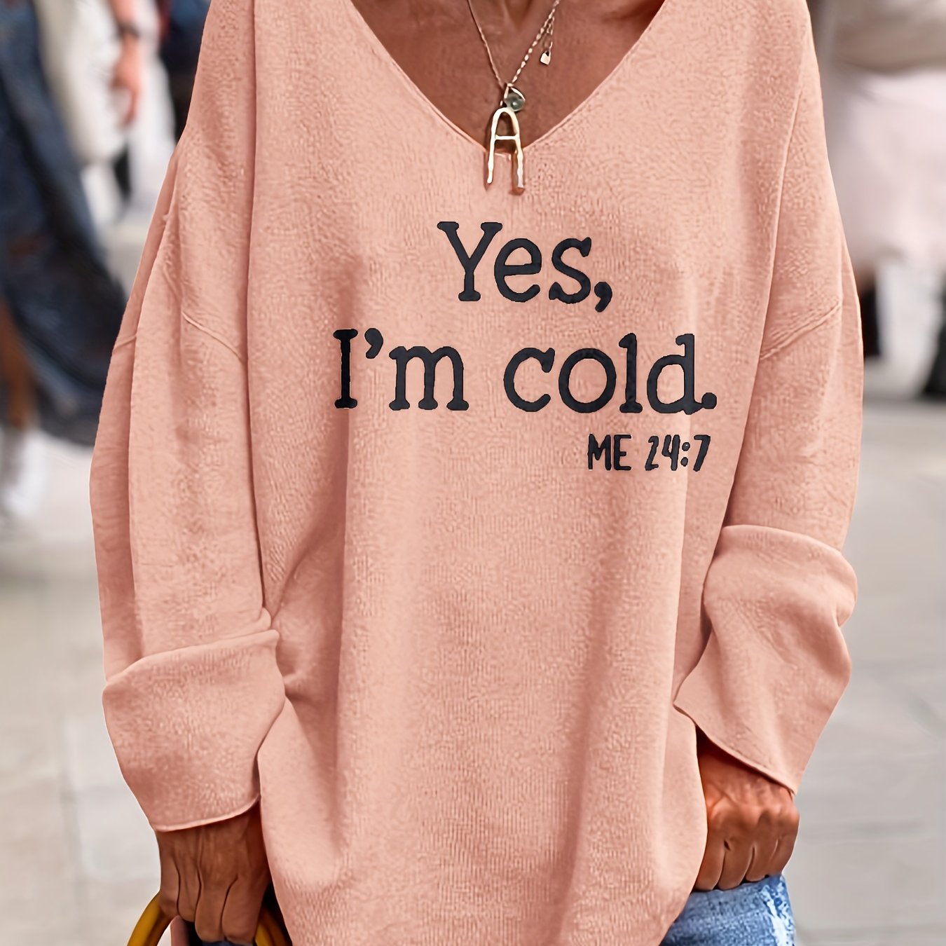 Sixsr Letter Pattern V Neck Oversized Sweater, Casual Long Sleeve Rolled Trim Sweater, Women's Clothing