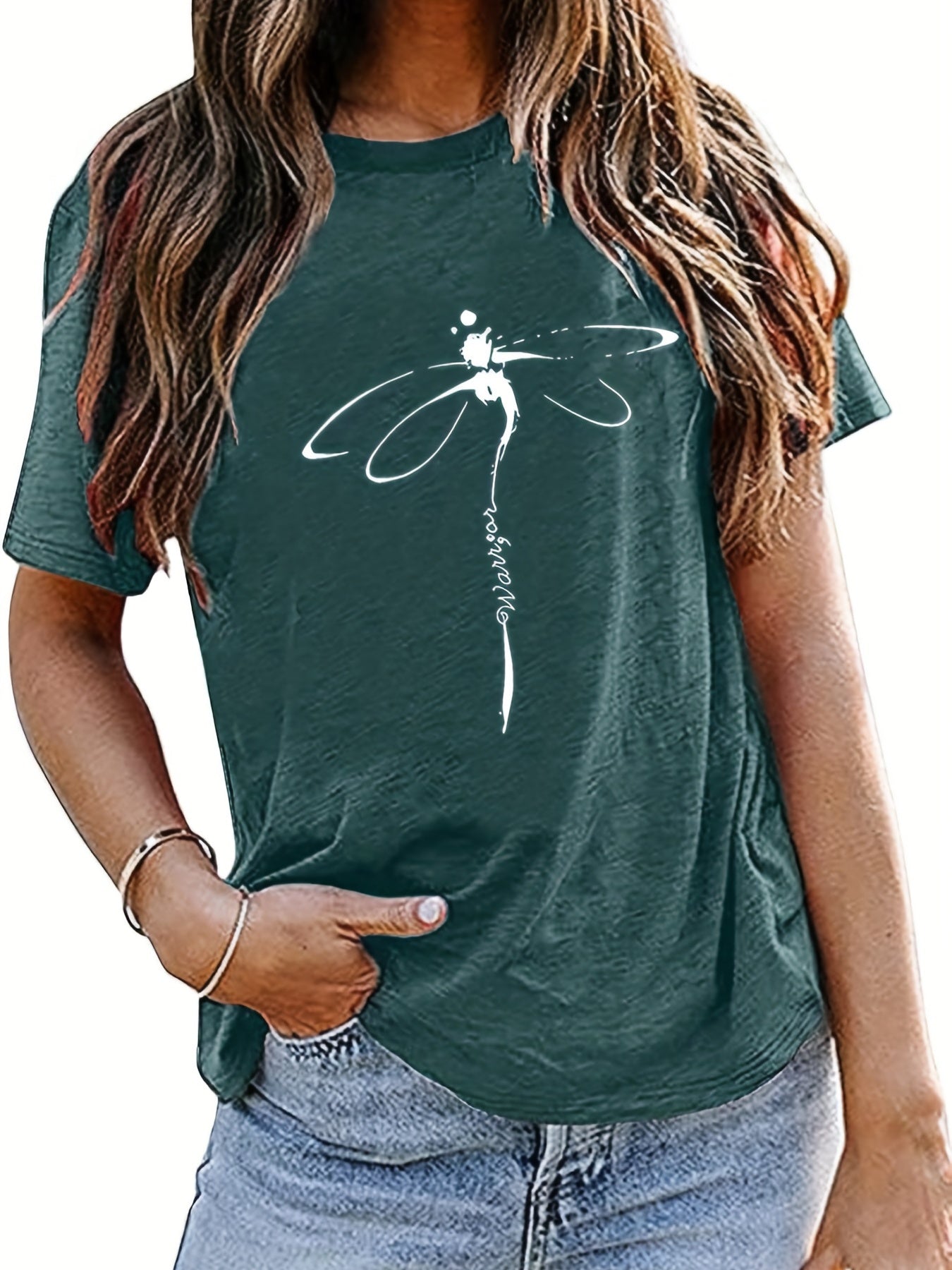 Sixsr Dragonfly Print Crew Neck T-Shirt, Casual Short Sleeve T-Shirt For Spring & Summer, Women's Clothing