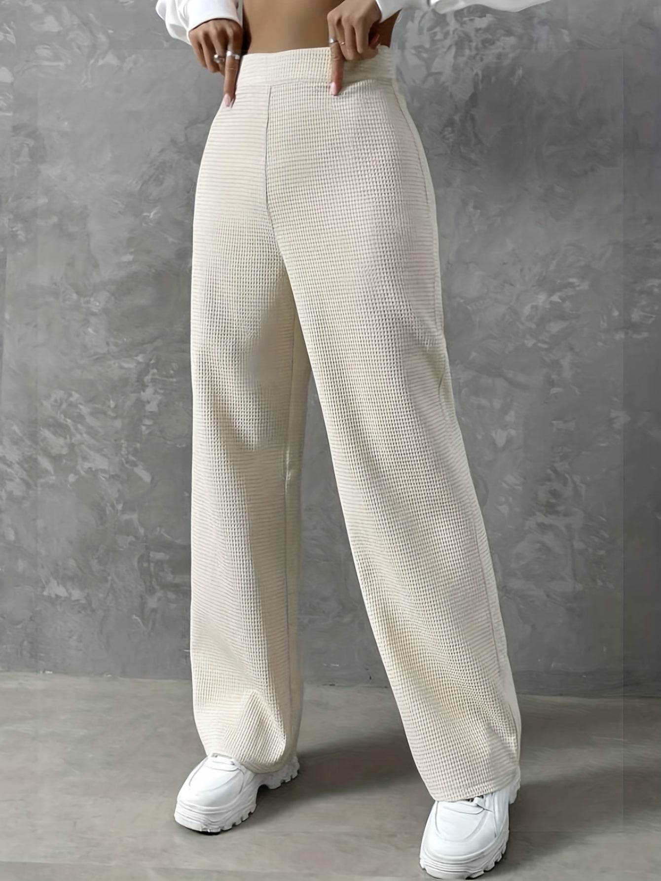 Sixsr Solid Textured High Waist Pants, Casual Wide Leg Comfy Pants, Women's Clothing