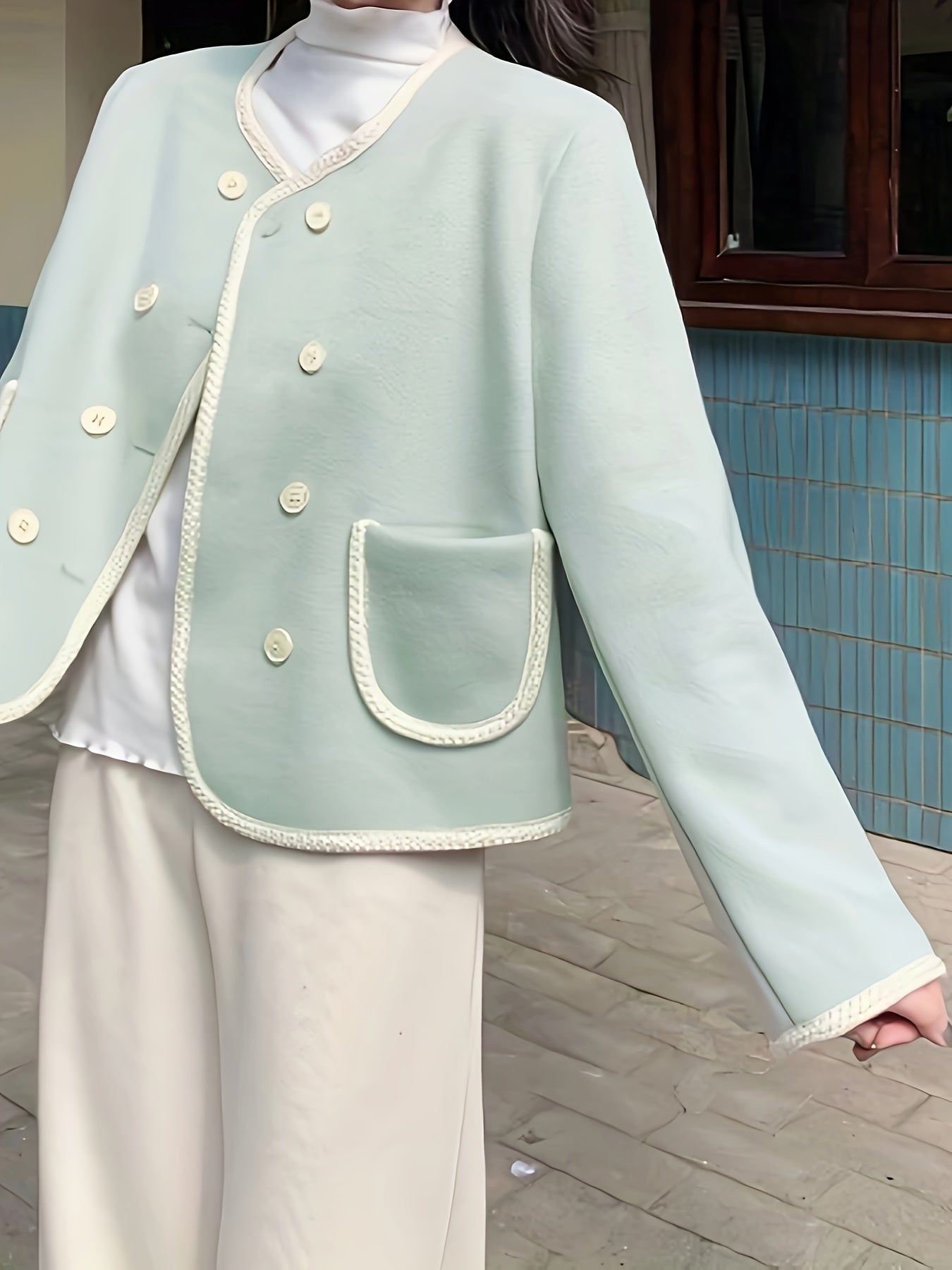 Sixsr Fuzzy Trim Crew Neck Jacket, Elegant Double Breasted Long Sleeve Outerwear, Women's Clothing