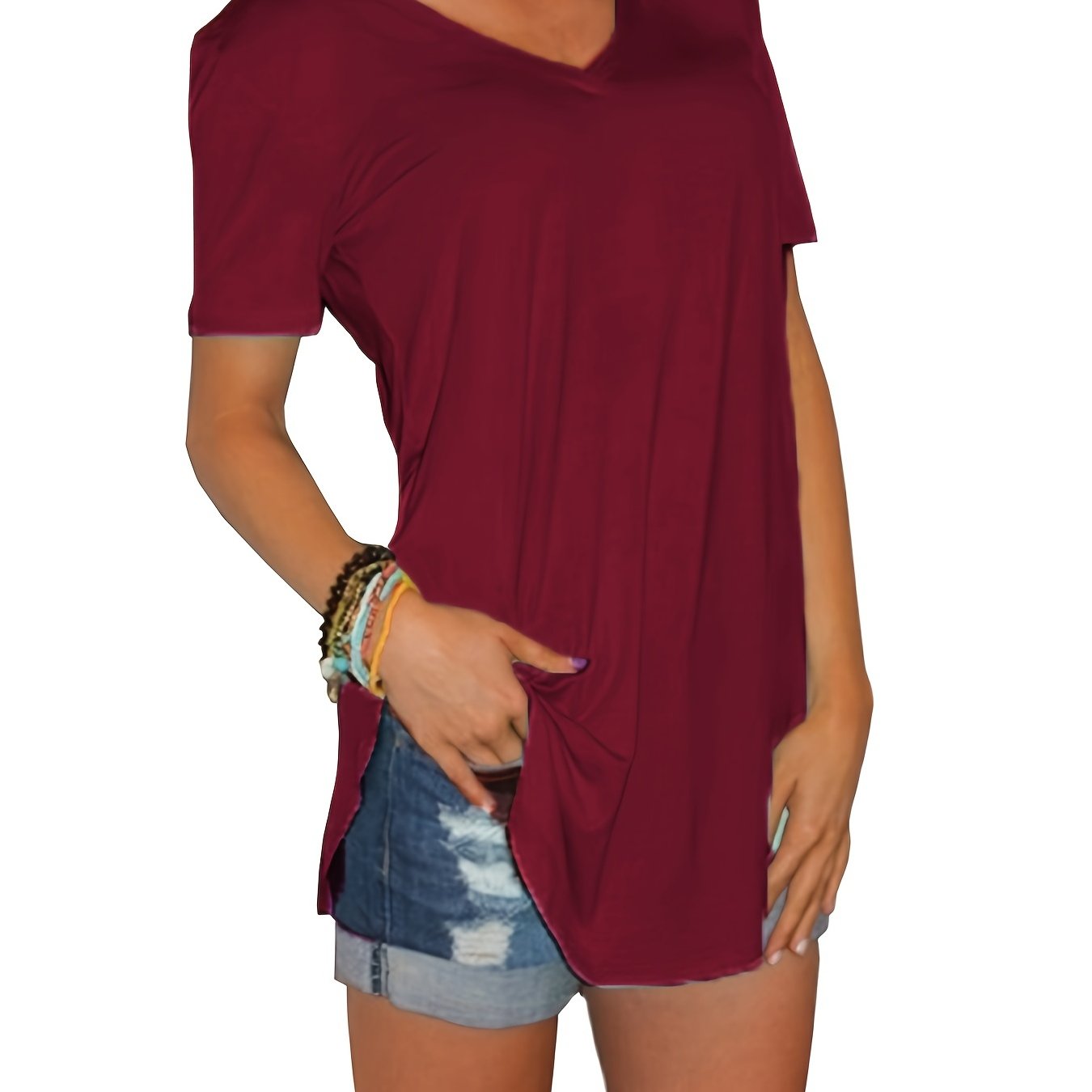 Sixsr Hem Arc Spilt Hem T-shirt, Casual V Neck Short Sleeve Summer T-shirt, Women's Clothing